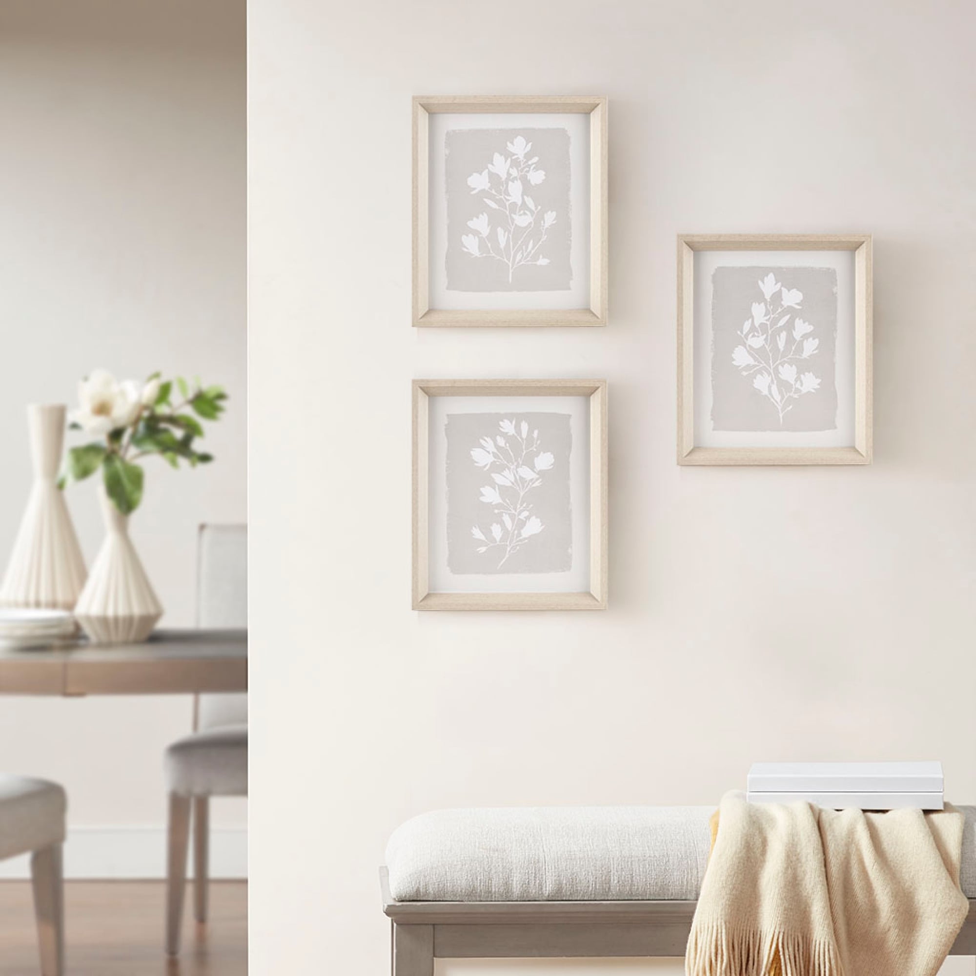 Roomfitters 3 Piece Framed Glass Wall Art Set Beige And Gray Botanical Floral Prints With Light Wood Beveled Frames