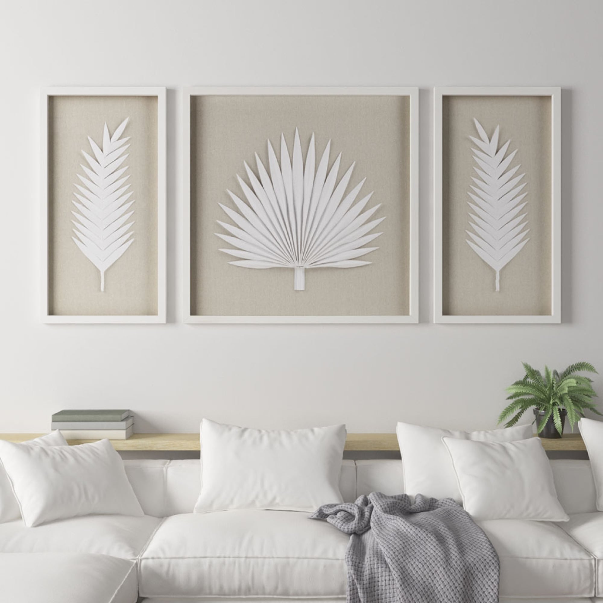 Roomfitters 3 Piece Framed Rice Paper Palm Leaf Shadowbox Wall Decor Set White Coastal Botanical Art For Living Room
