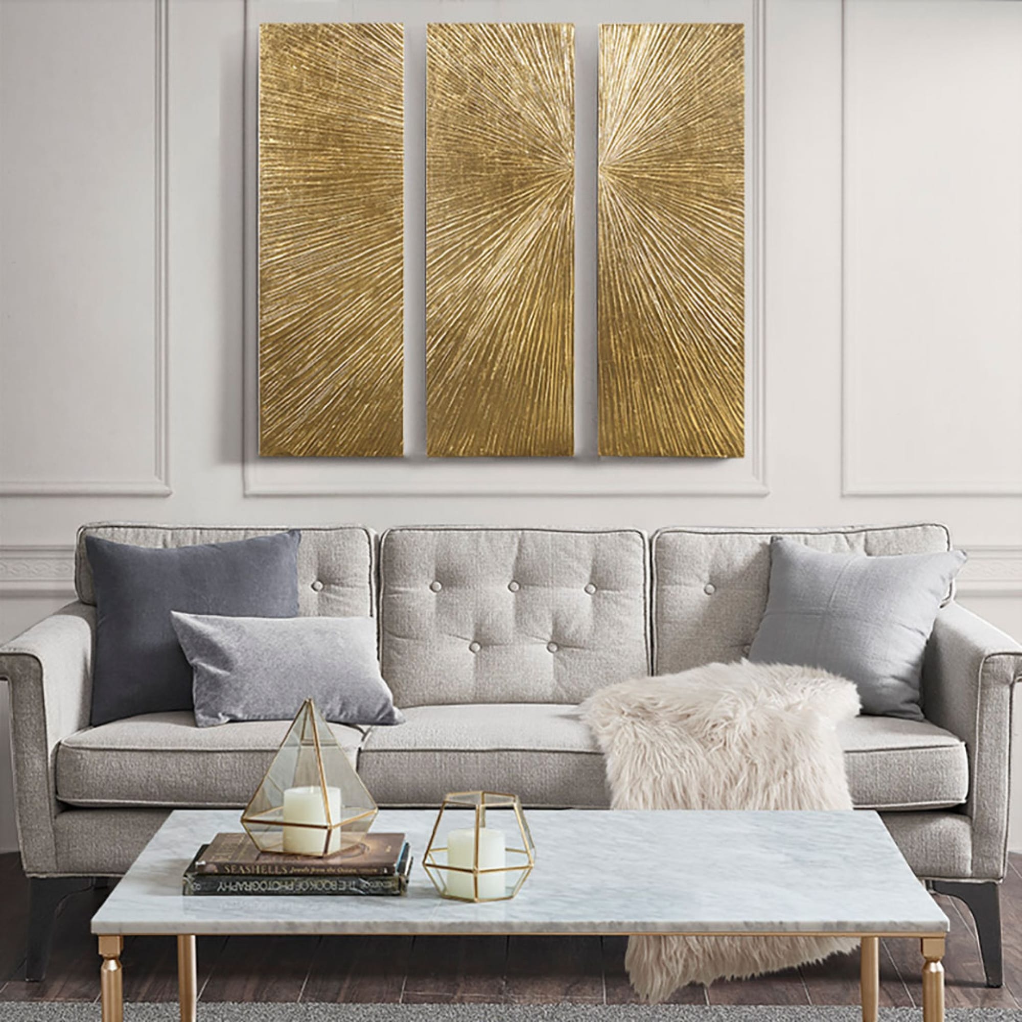 Roomfitters 3 Piece Gold Sunburst Dimensional Wall Art Set Hand Painted Textured Triptych