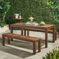Roomfitters 3 Piece Outdoor Courtyard Dining Set Solid Wood Slatted Table And 2 Benches For Patio Garden Dark Brown