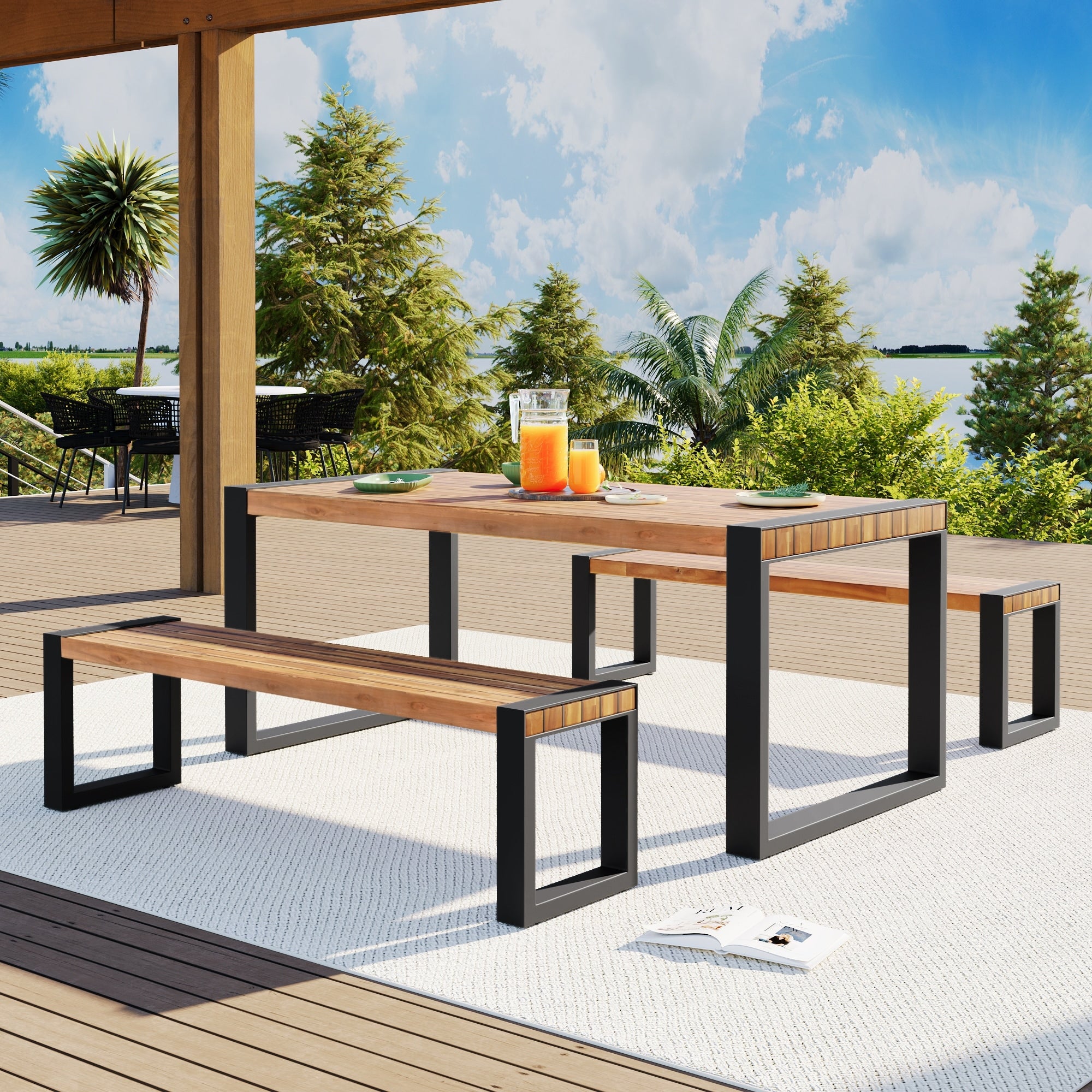 Roomfitters 3 Piece Outdoor Dining Set With Rectangular Table And 2 Benches Industrial Patio Picnic Furniture Acacia Wood