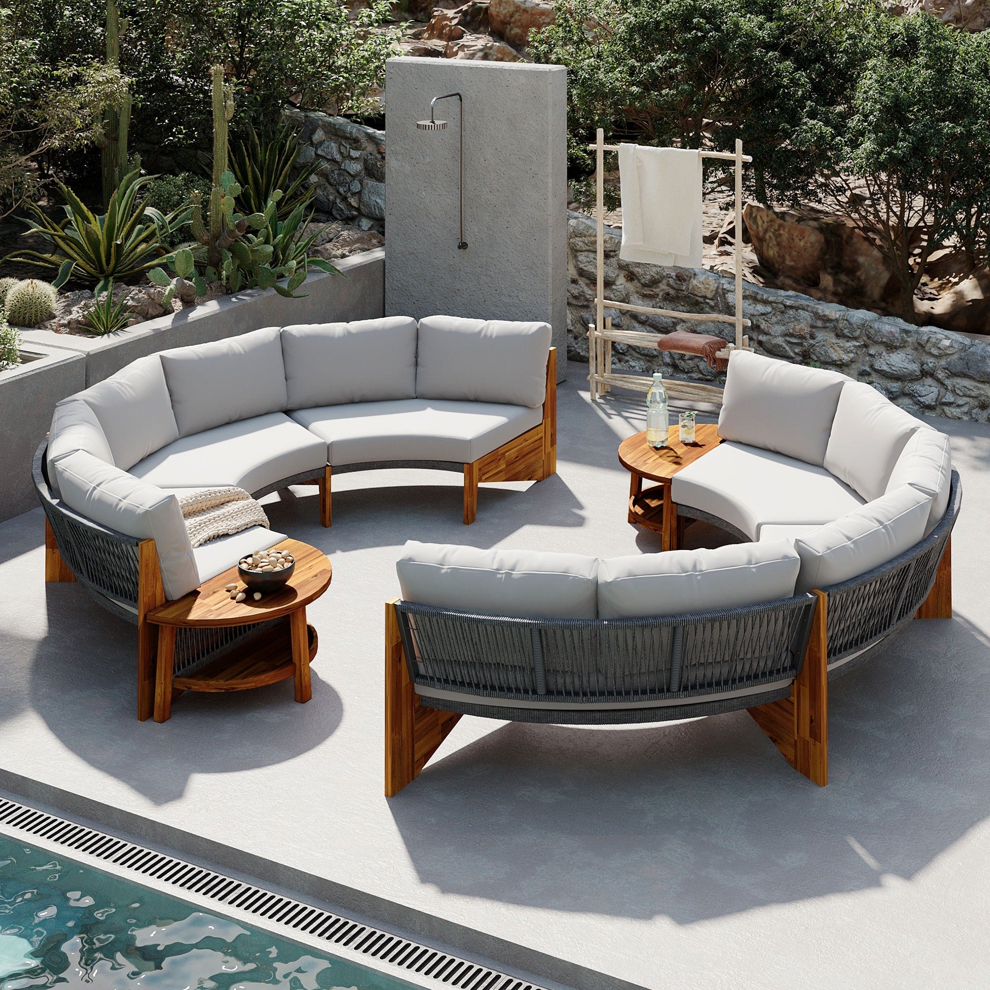 Roomfitters 3 Piece Outdoor Sofa Set For 6 Half Moon Patio Conversation Set Cushions Rope Woven Steel Sectional