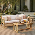 Roomfitters 3 Piece Patio Sofa Set Modern Outdoor Wood Furniture With 3 Seater Sofa Coffee Table Side Table Teak Beige
