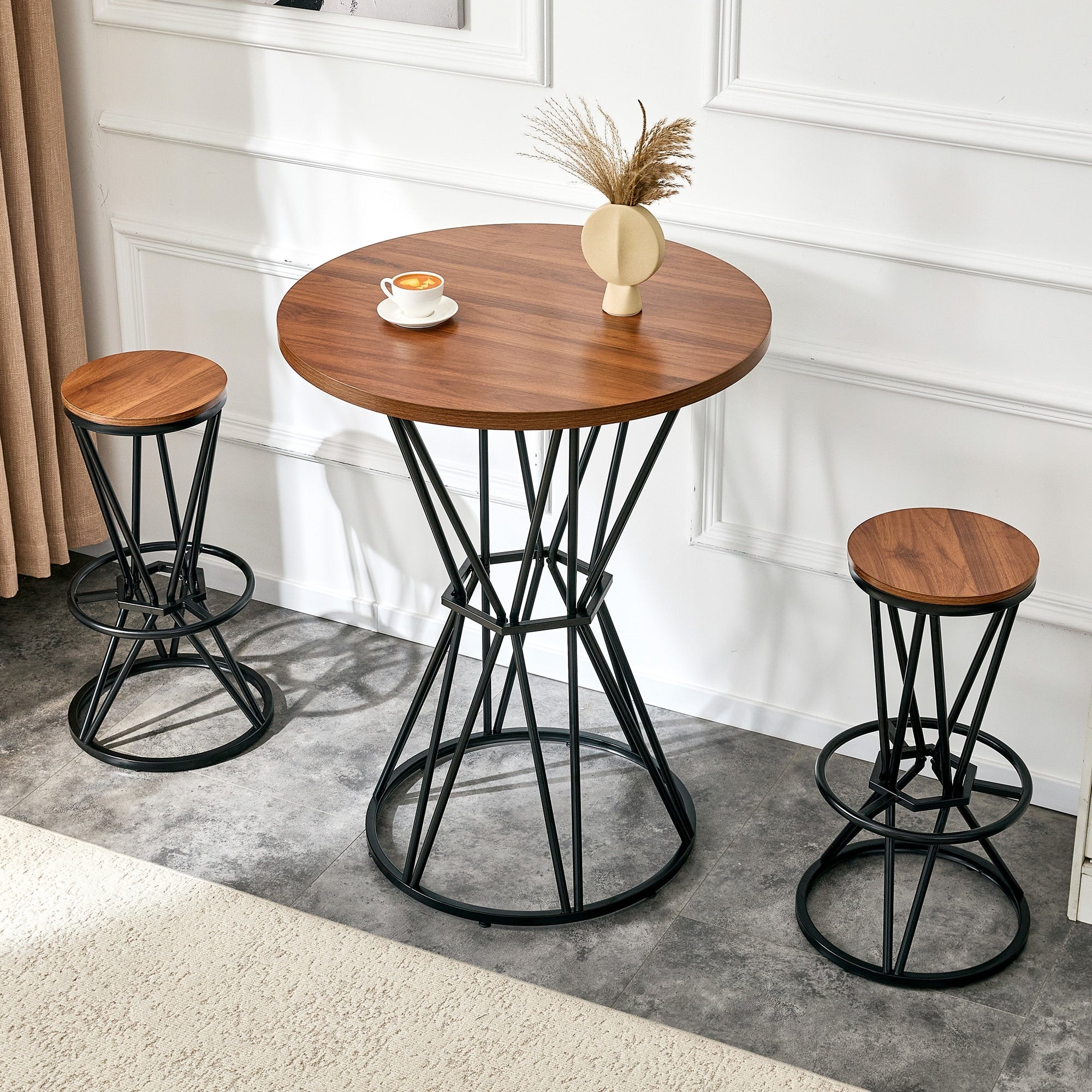 Roomfitters 3 Piece Wood Grain Bar Set 31.5 Inch Industrial Bistro Set Kitchen Island Breakfast Combination