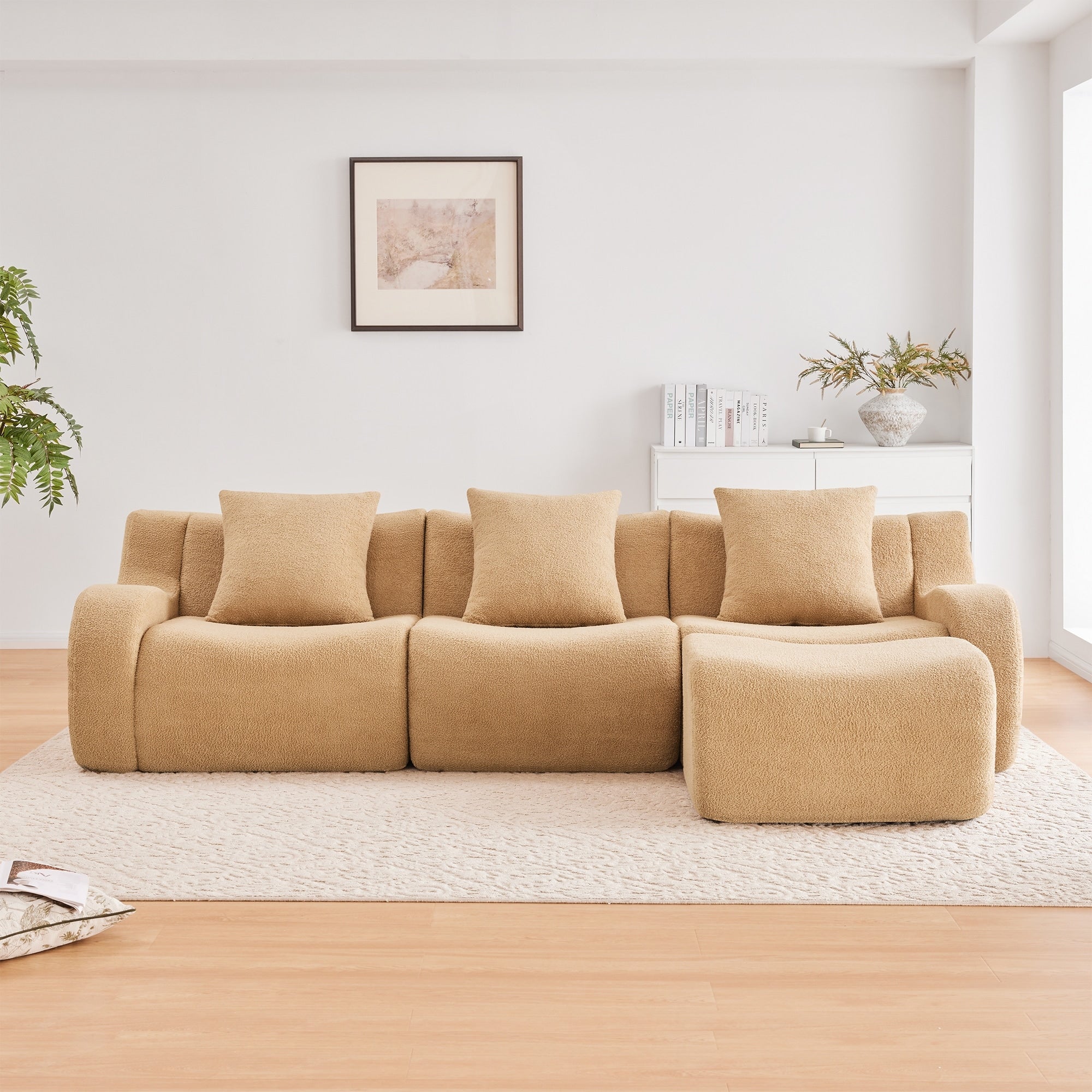 Roomfitters 3 Seat Teddy Fabric Boneless Sofa With Chaise No Assembly 32D Sponge Couch
