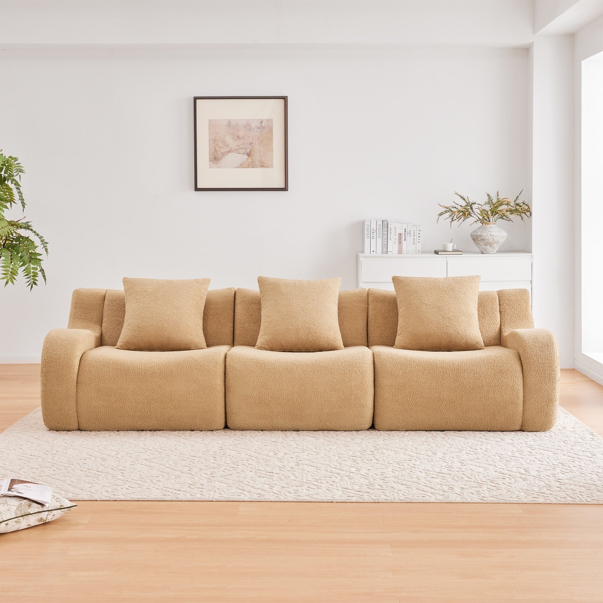 Roomfitters 3 Seat Teddy Fabric Boneless Sofa No Assembly Streamlined Couch With 32D Sponge