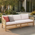 Roomfitters 3 Seater Outdoor Patio Sofa Modern Wood Couch With Upholstered Cushions And Horizontal Rope Weave Teak Beige