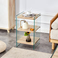 Roomfitters 3 Tier Modern Bedside Cabinet Wood Grain Nightstand Transparent Tempered Glass Sides Minimalist Storage Table