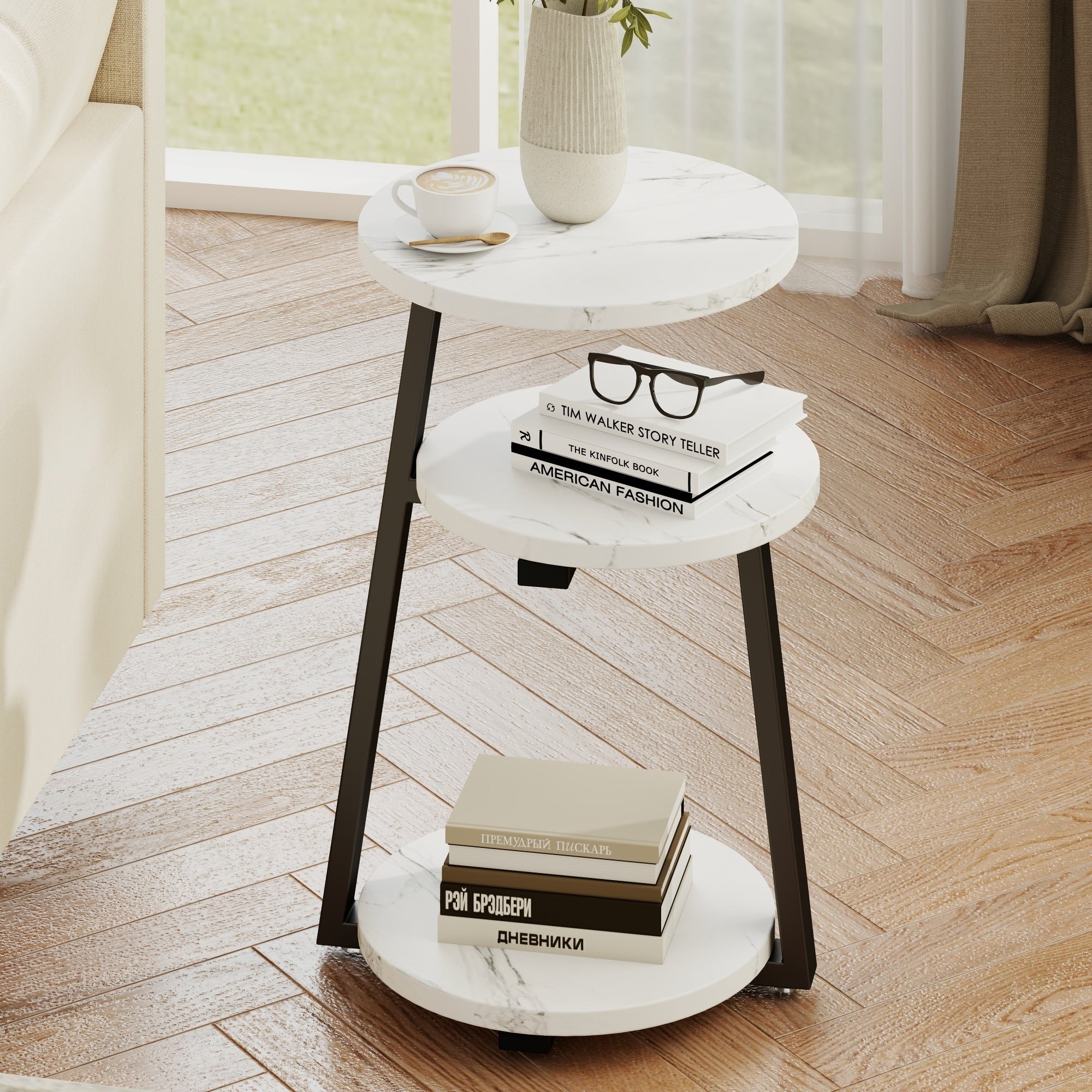 Roomfitters 3 Tier Round Side Table With Faux Marble Top And Metal Frame Accent End Table For Small Spaces