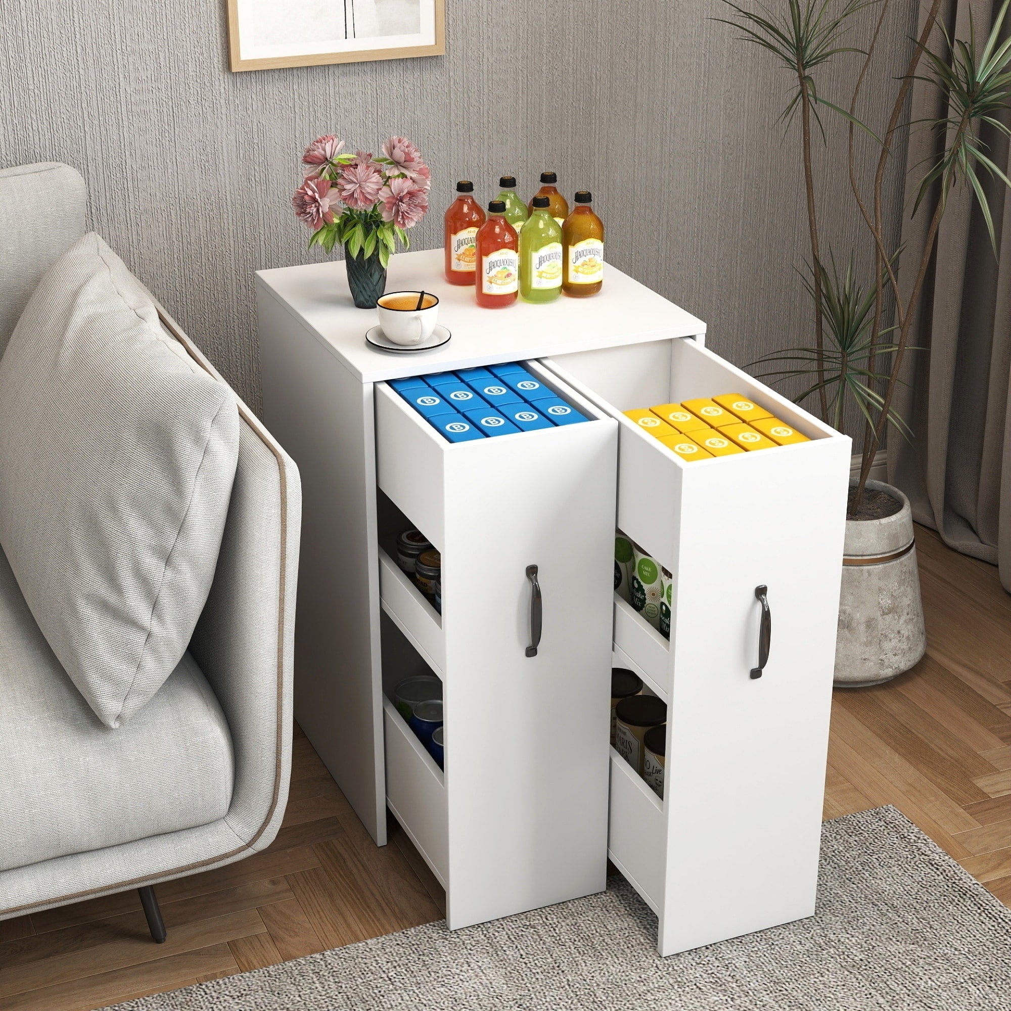 Roomfitters 3 Tier Standing Bookcase Pull Out Storage Cabinet Modern White Wooden End Side Table Slim Organizer White