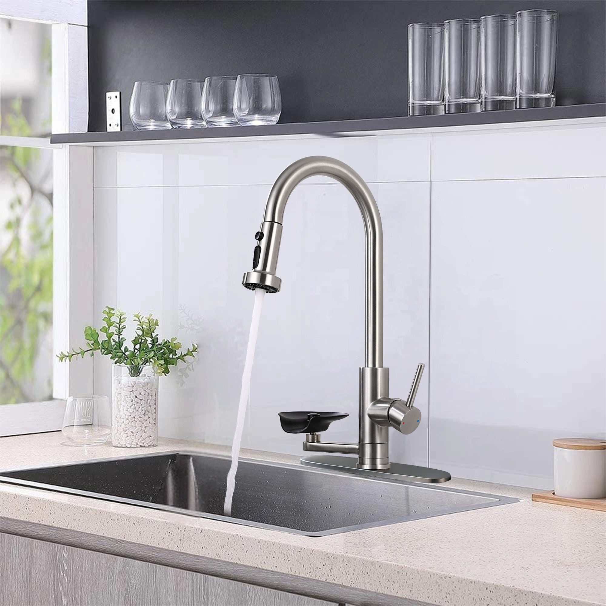 Roomfitters 3 In 1 Kitchen Faucet With Pull Down Sprayer And Integrated Glass Rinser High Arc Sink Faucet