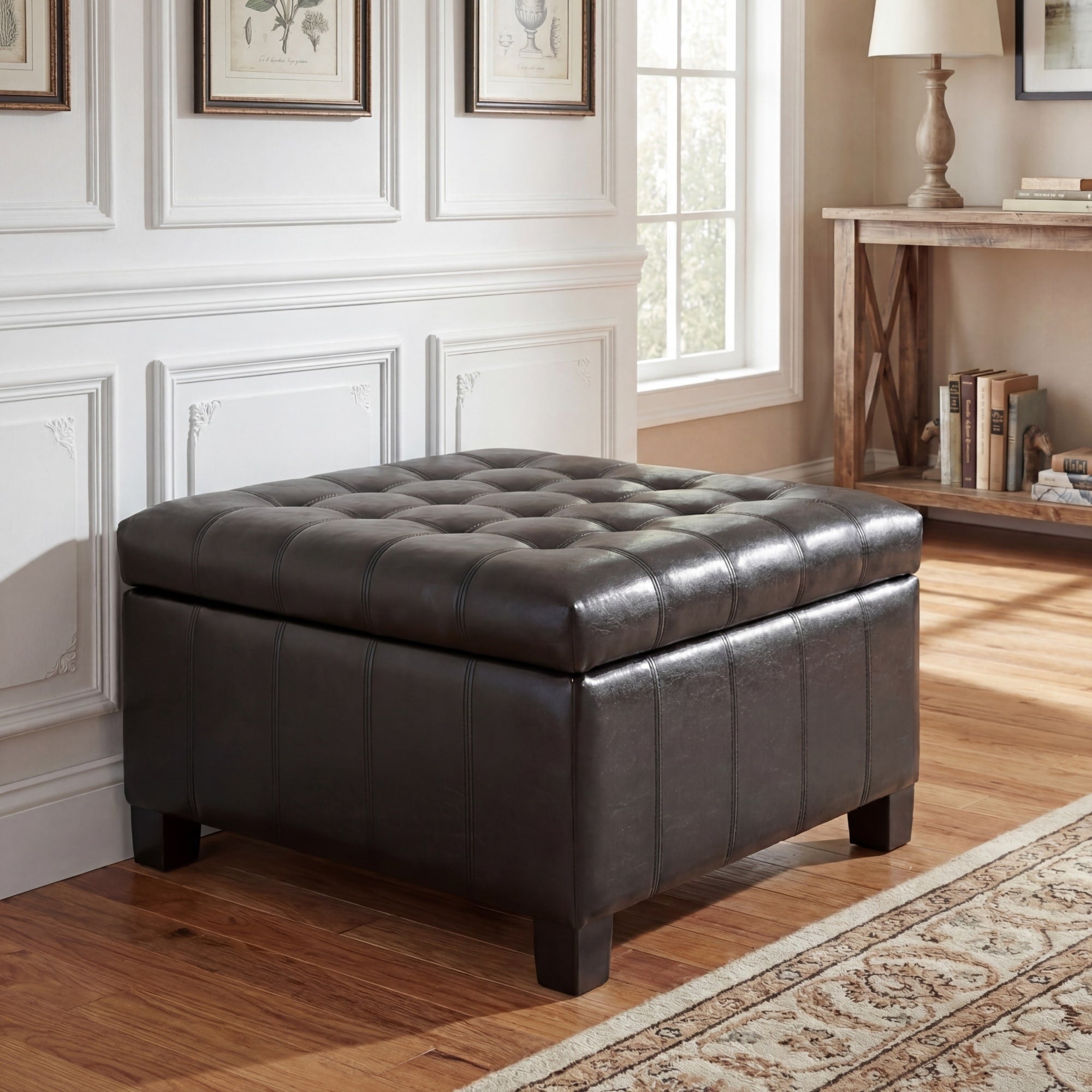 Roomfitters 30.25 Square Storage Ottoman Button Tufted Pu Leather Coffee Table Footstool With Lift Top And Wood Legs