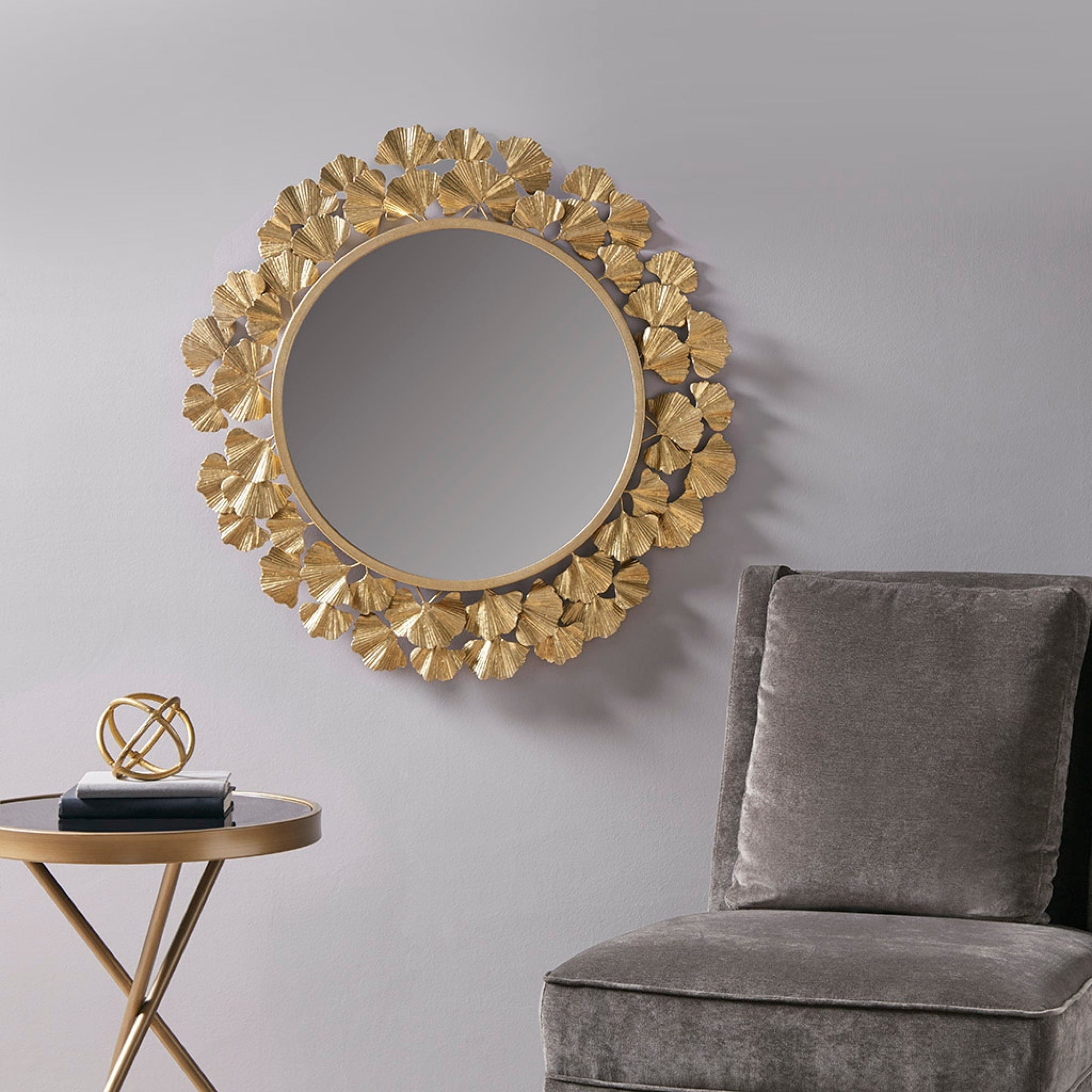 Roomfitters 30.5 Inch Gold Ginkgo Leaf Round Wall Mirror Modern Sculptural Metal Frame Decorative Mirror For Living Room
