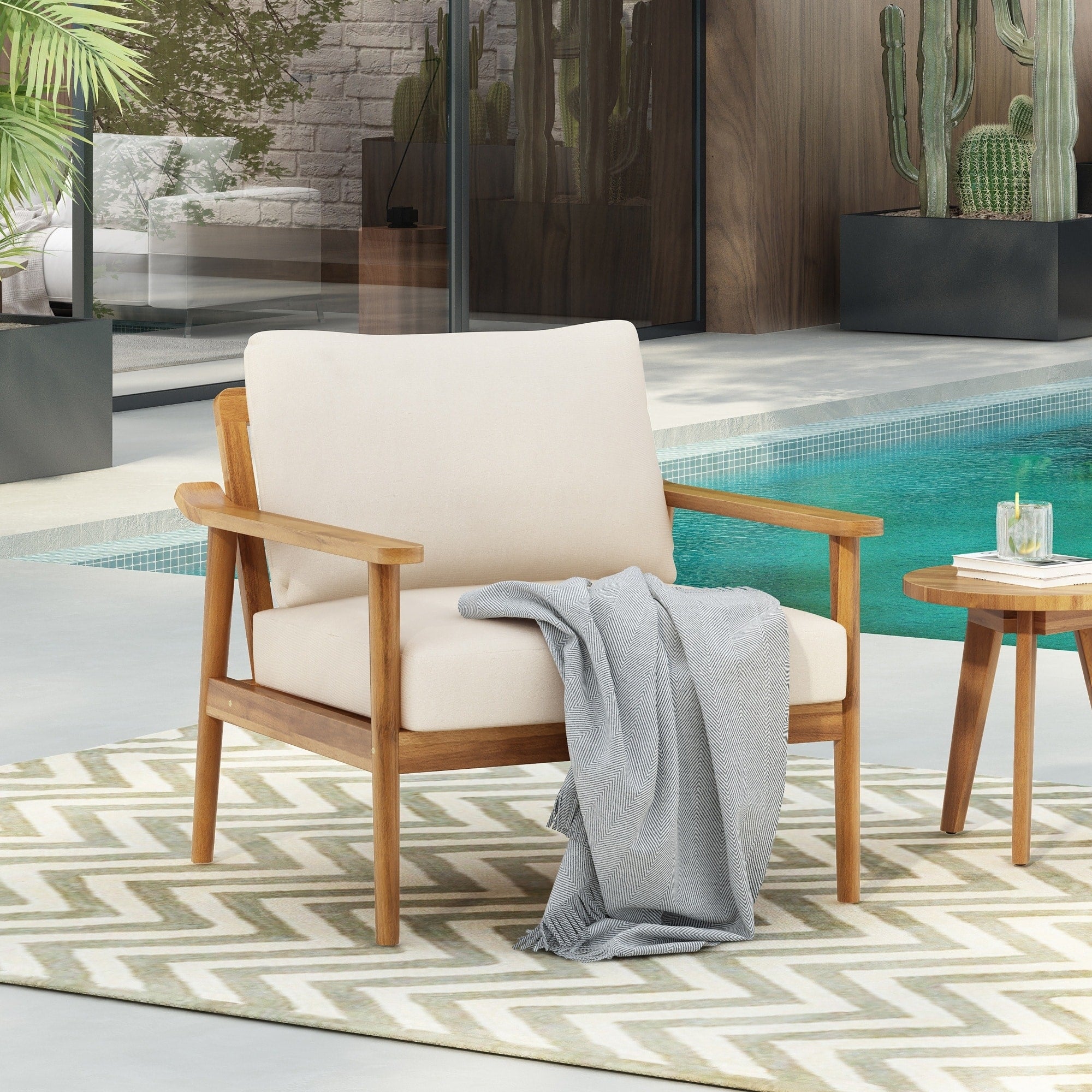 Roomfitters 30.5 Inch Mid Century Acacia Wood Outdoor Lounge Chair Teak Finished Waterproof Cushions Garden Seating