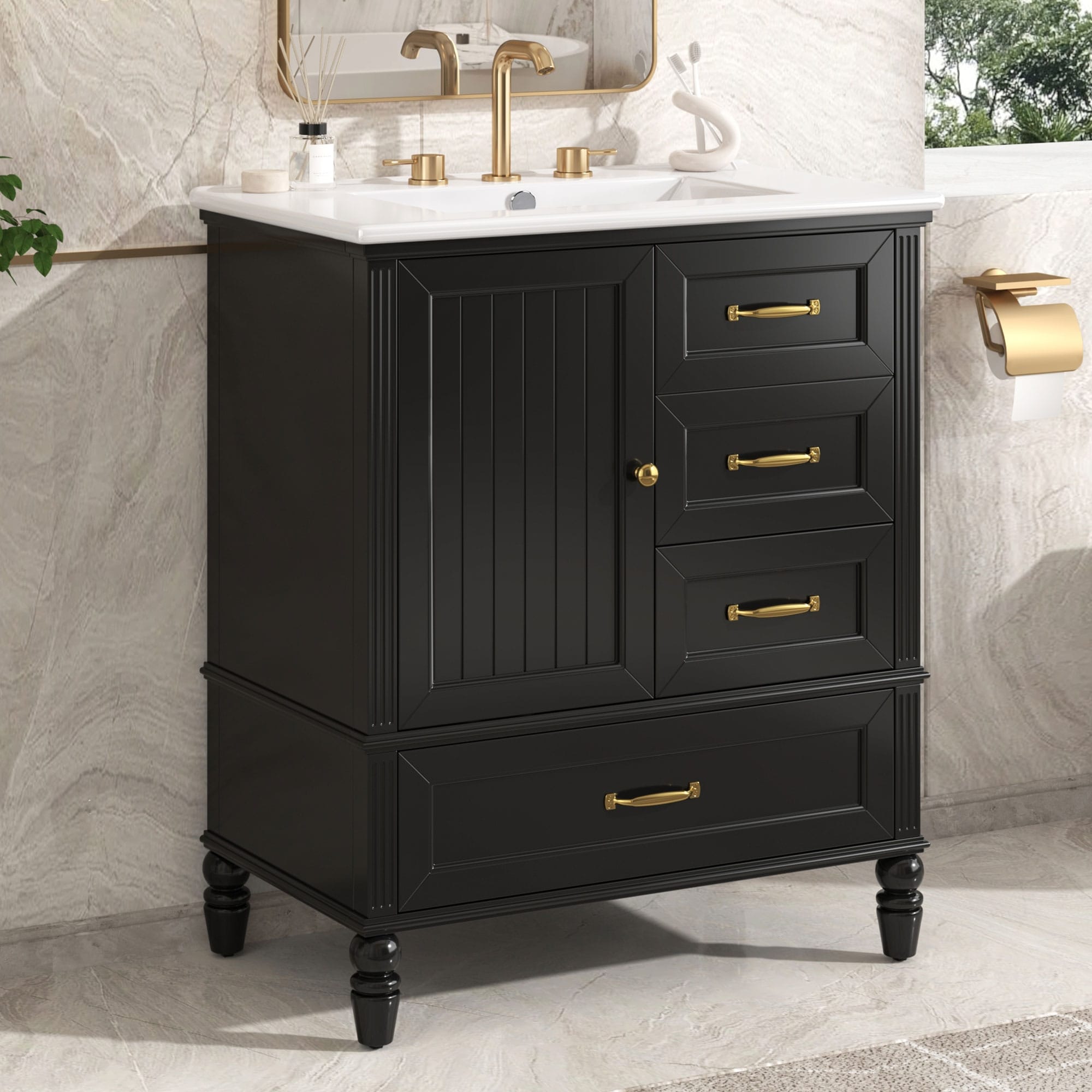 Roomfitters 30 Bathroom Vanity With Integrated Ceramic Sink Solid Wood Frame And 3 Drawer Storage