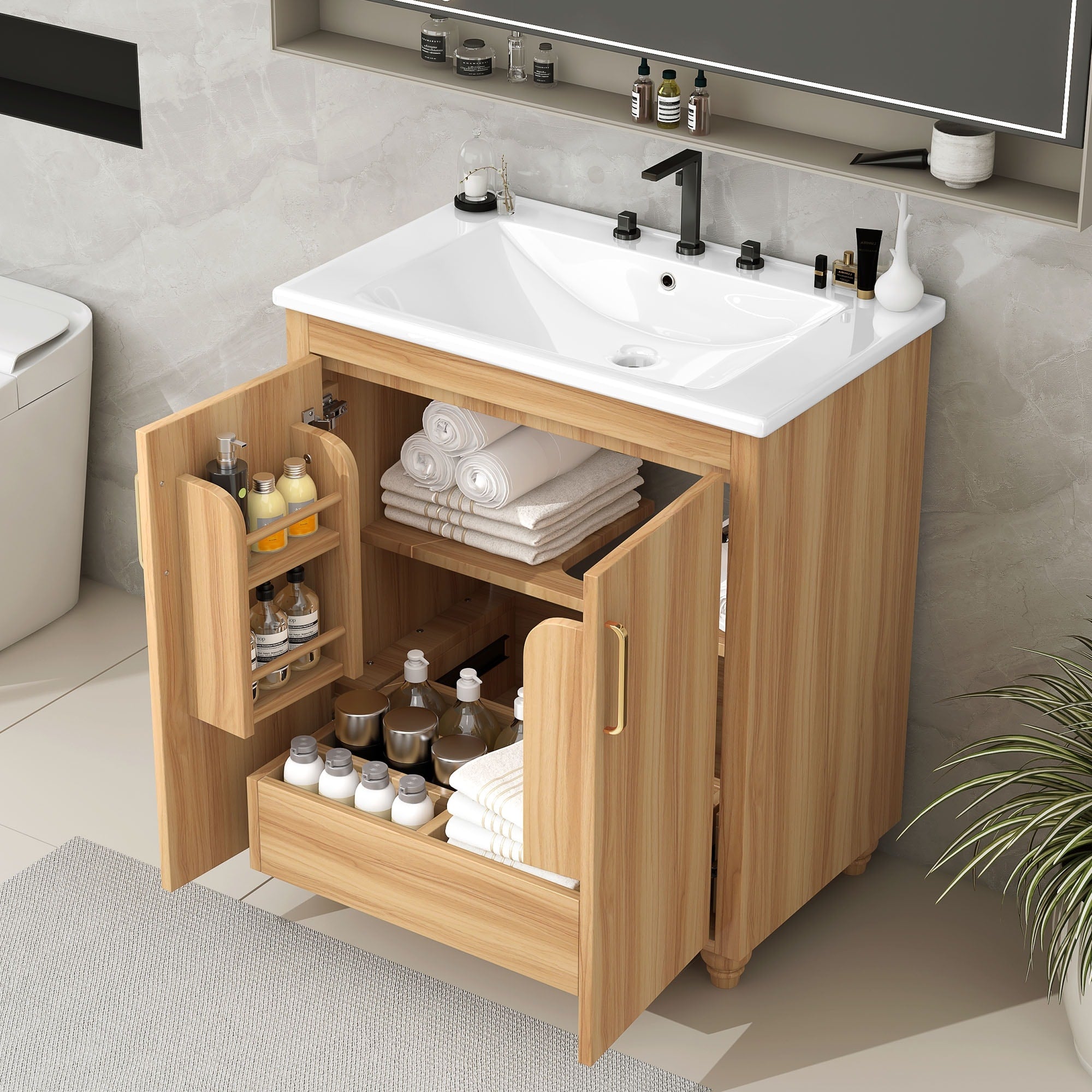 Roomfitters 30 Bathroom Vanity With Sink Solid Wood Frame 2 Doors With Storage Racks Divided Bottom Drawer Natural