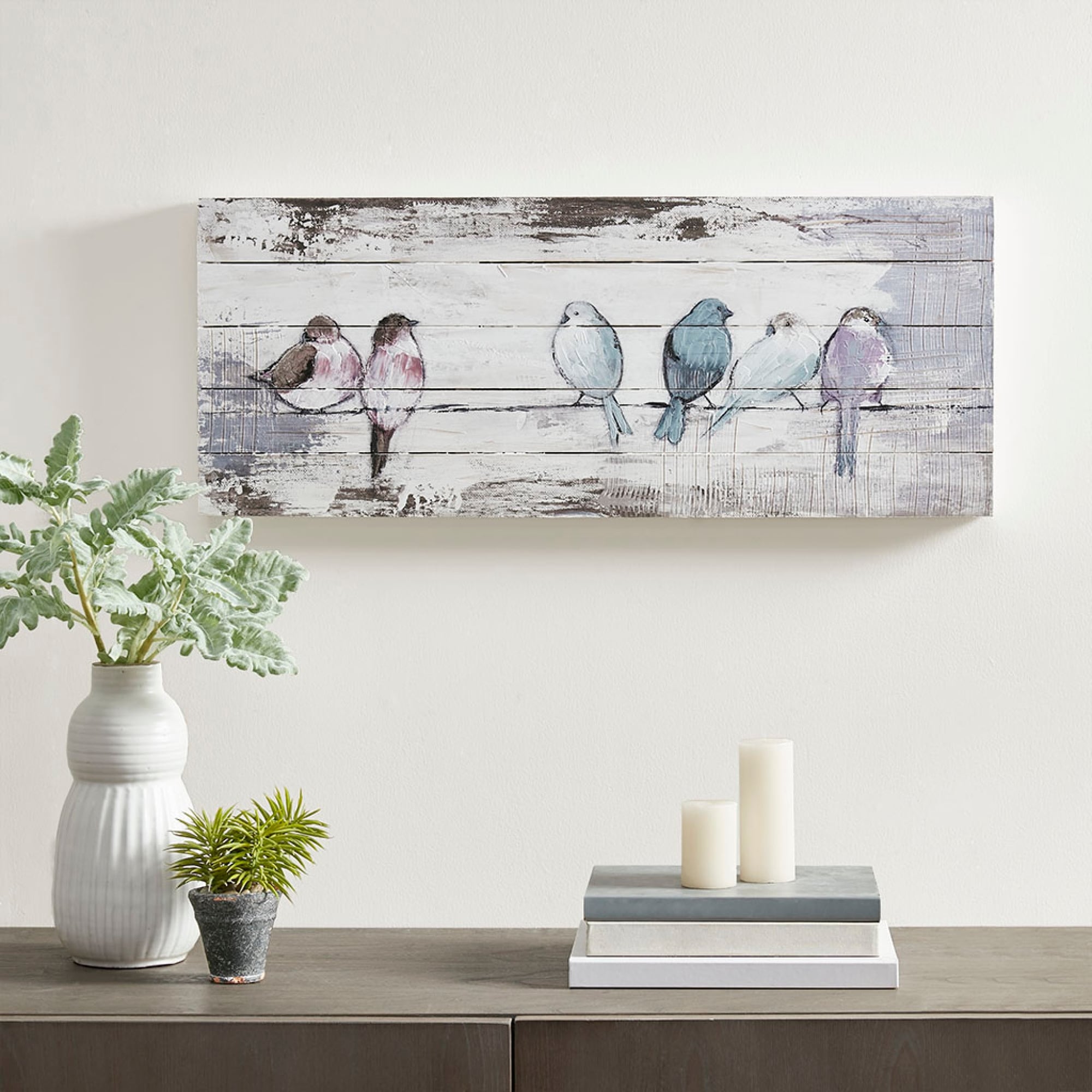 Roomfitters 30X12 Inch Hand Painted Wood Plank Panel Wall Art Rustic Bird On A Wire Nature Decor By Elle Summers Gray
