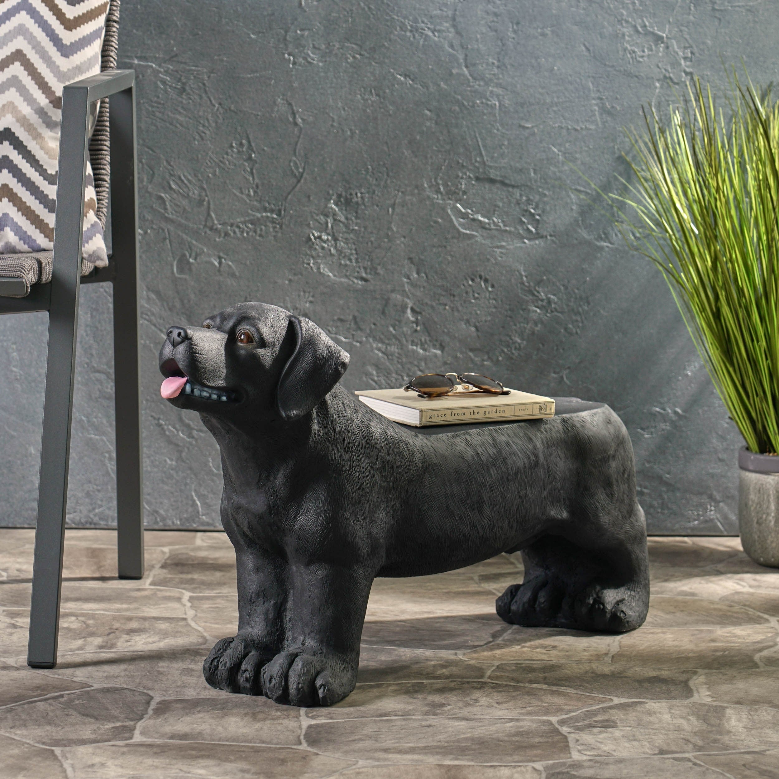 Roomfitters 31.5 Inch Black Labrador Outdoor Bench Hand Crafted Lightweight Concrete Garden Seat Matte Black