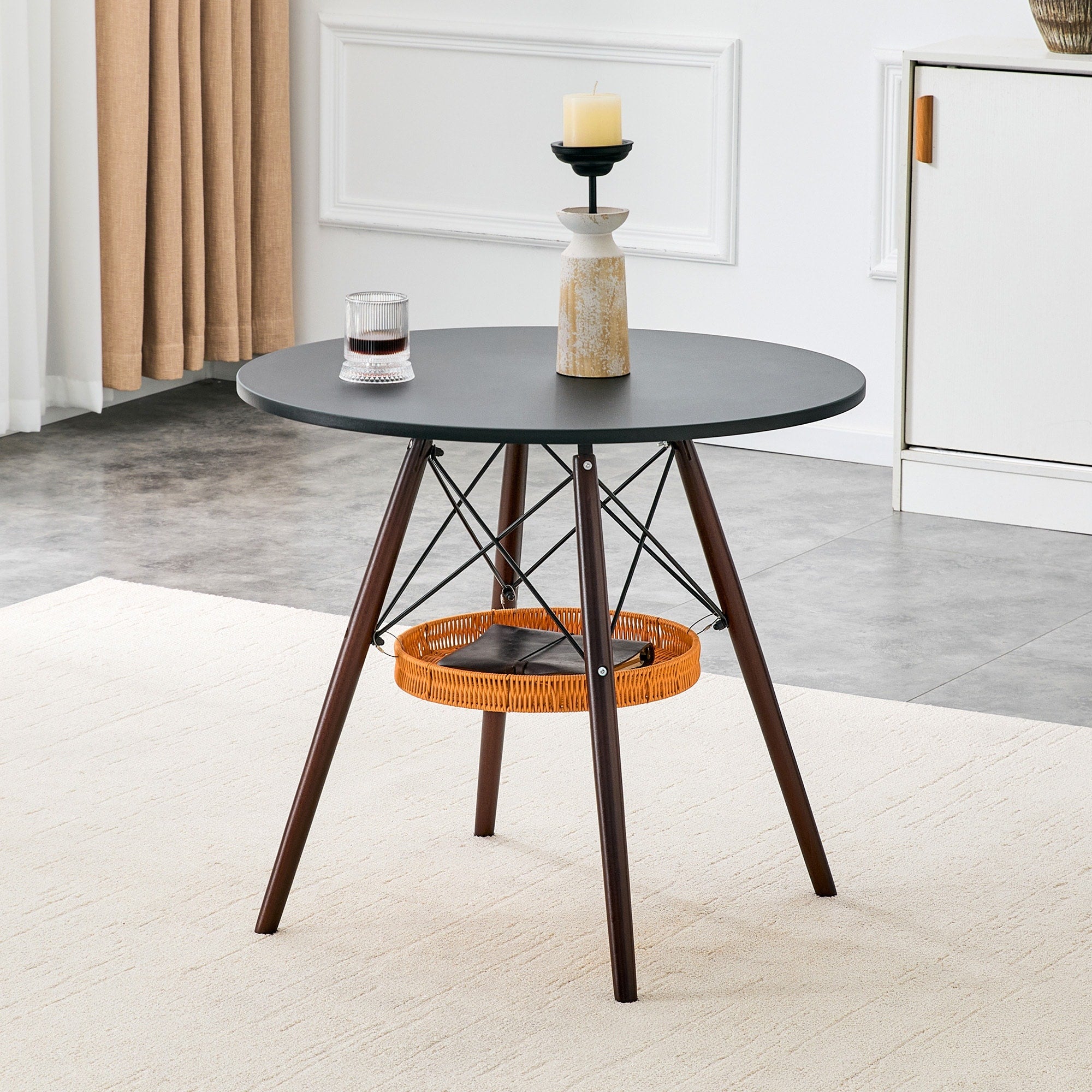 Roomfitters 31.5 Inch Circular Dining Table Walnut Solid Wood Leg Mdf Kitchen Table With Woven Storage Basket