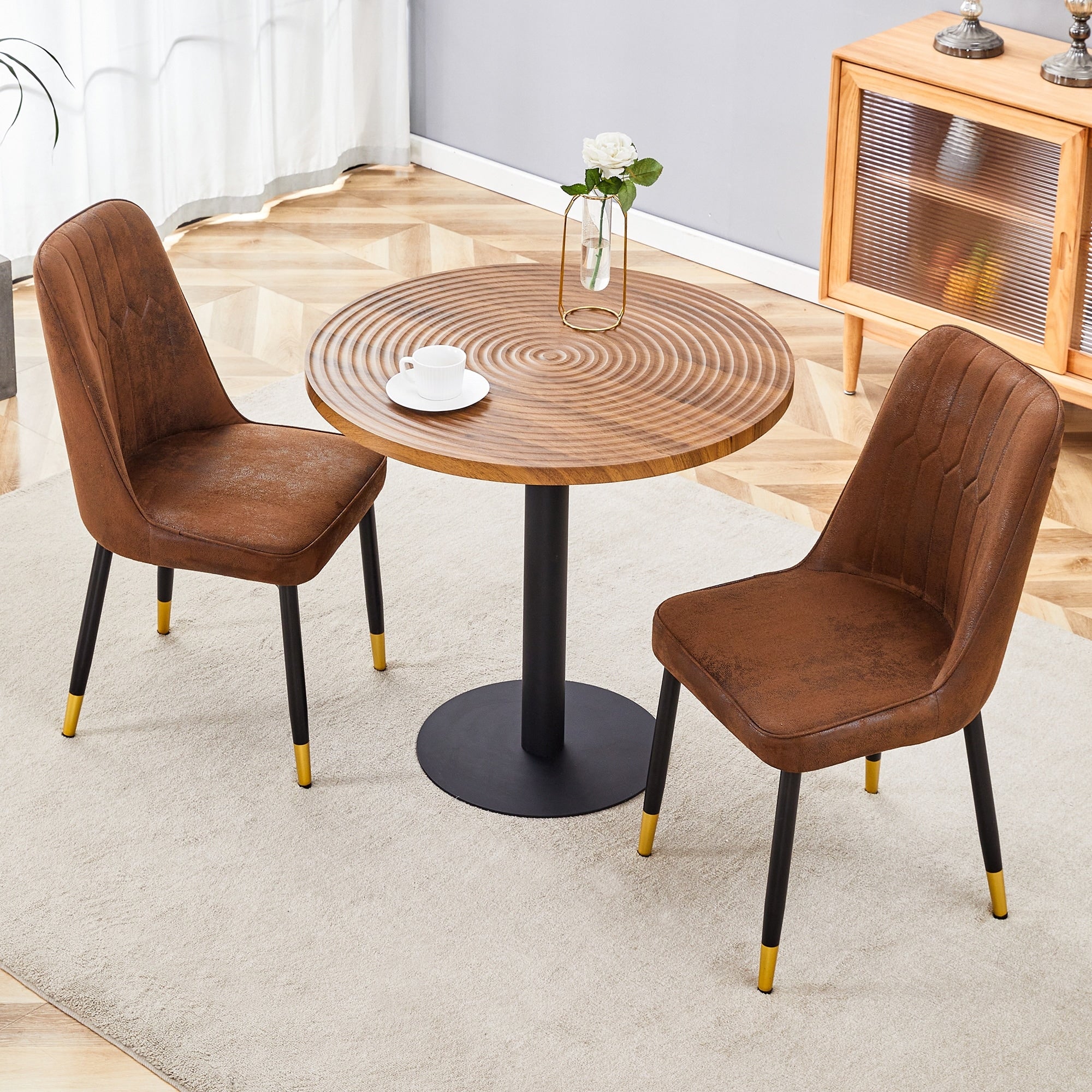 Roomfitters 31.5 Inch Dark Wood Round Dining Table 2 Brown Tech Fabric Chairs Suction Molding Bistro Set
