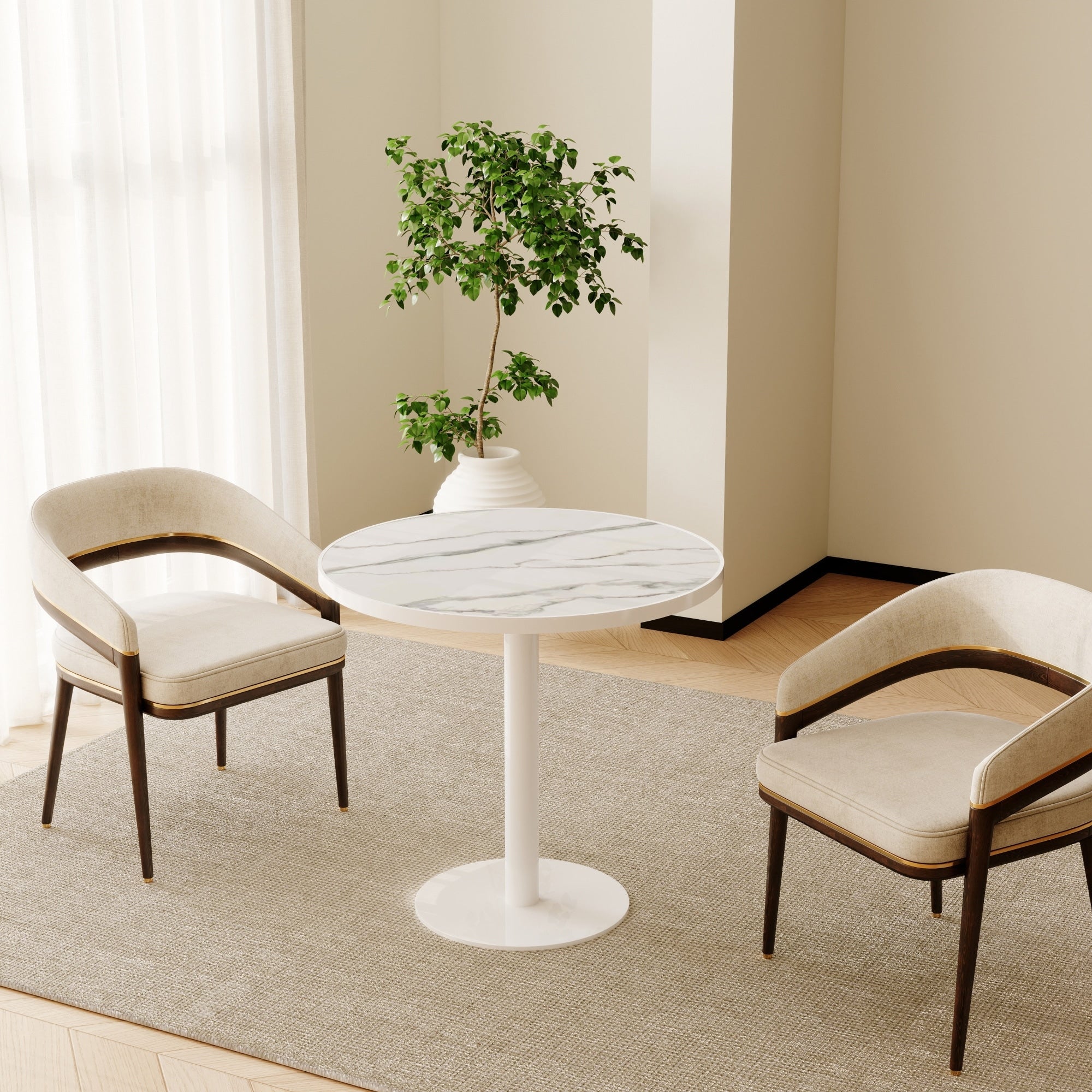 Roomfitters 31.5 Inch Round Dining Table With Faux Marble Top And Sturdy Metal Pedestal Base For Small Spaces White
