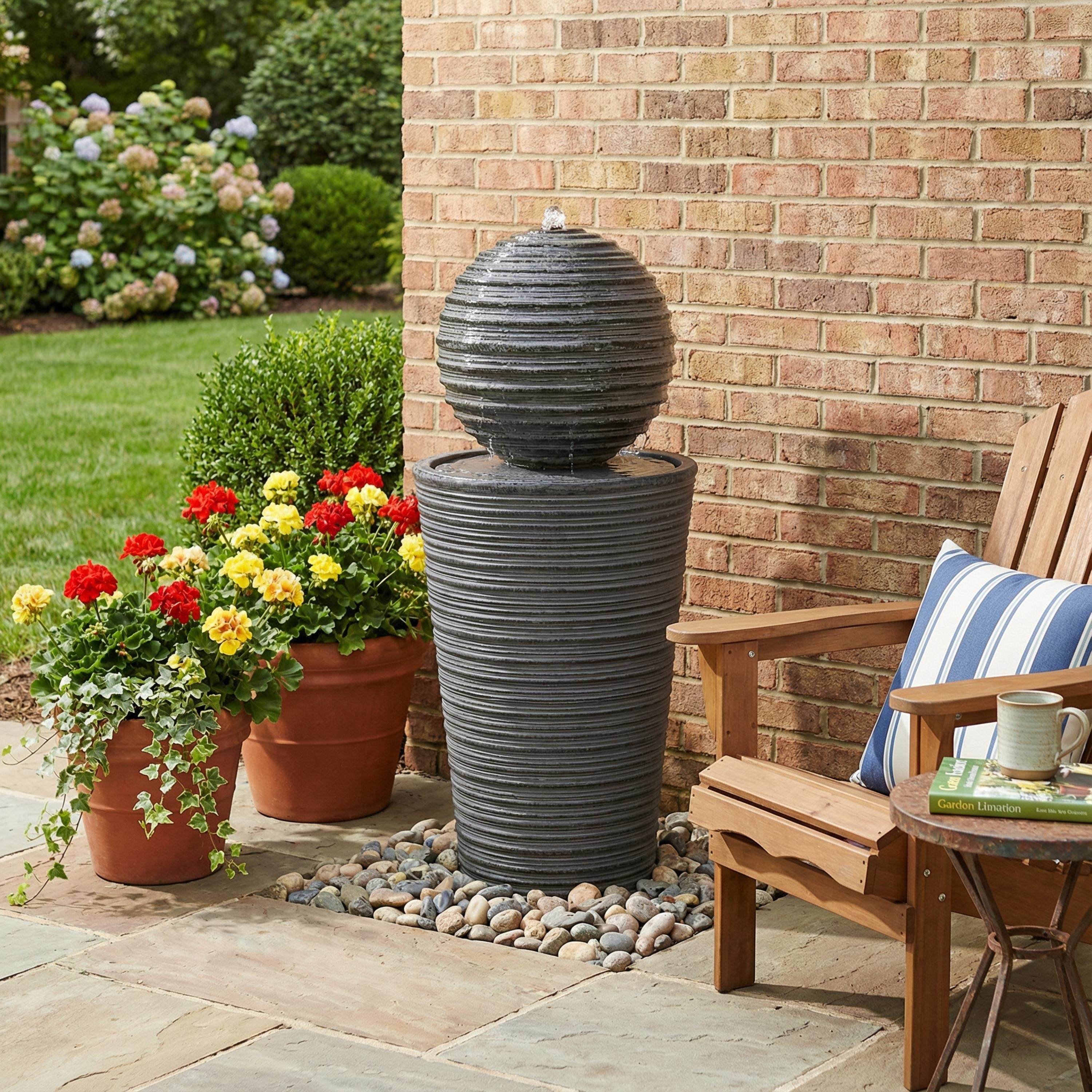 Roomfitters 31.5 Inch Tall Striped Column Outdoor Fountain With Led Lights Concrete Modern Art Sculpture Water Feature Gray