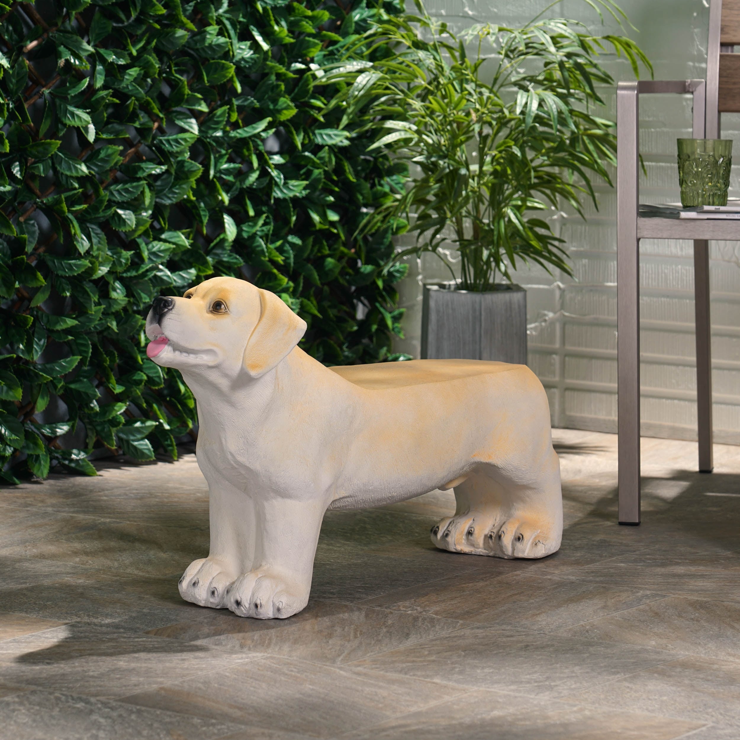 Roomfitters 31.5 Inch Yellow Labrador Outdoor Bench Hand Crafted Lightweight Concrete Garden Seat Light Brown