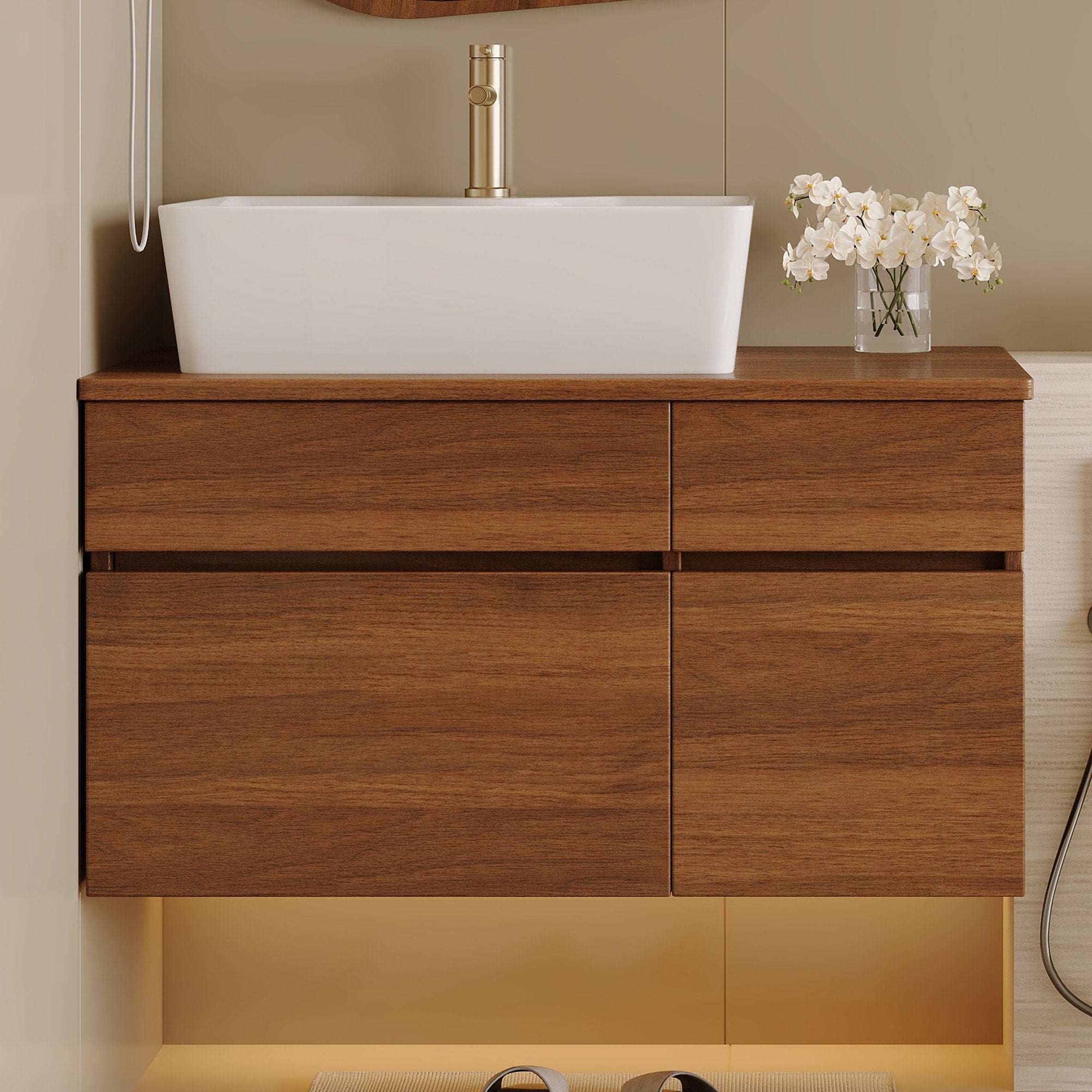 Roomfitters 31.5 Modern Floating Bathroom Vanity With Single Sink Space Saving Mid Century Wood Cabinet White And Walnut