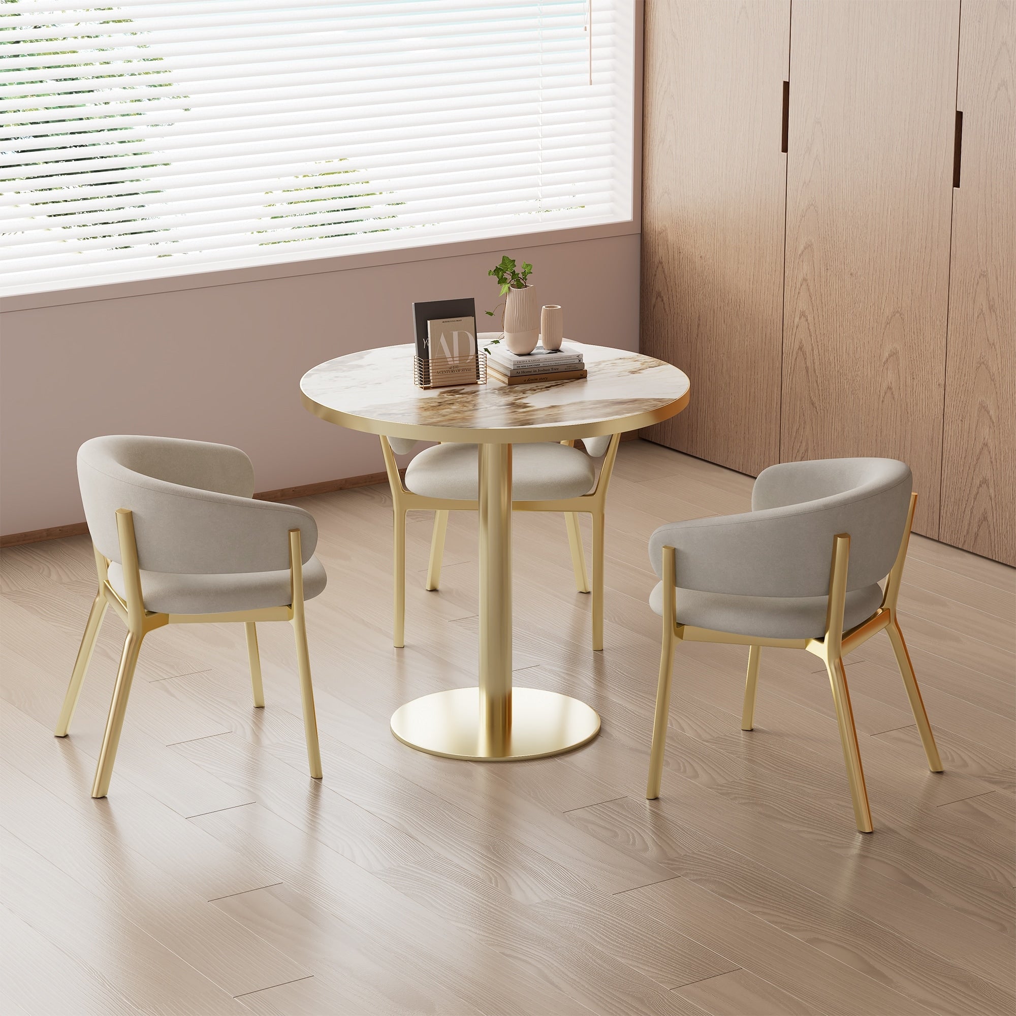 Roomfitters 31.5 Round Dining Table With Faux Marble Top And Metal Pedestal Base For Small Kitchen Spaces