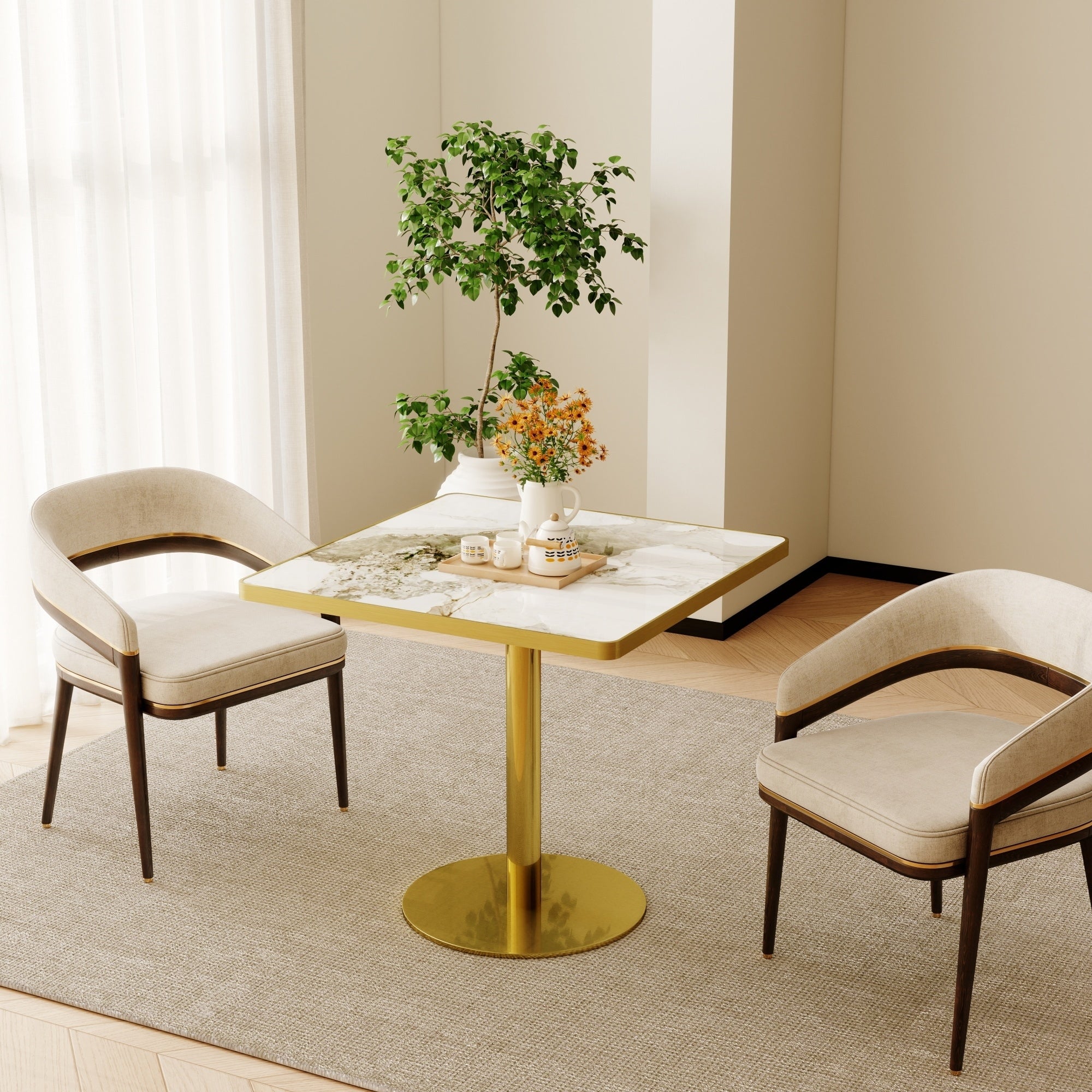 Roomfitters 31.5 Square Dining Table With Faux Marble Top And Metal Pedestal Base For Small Kitchen Spaces