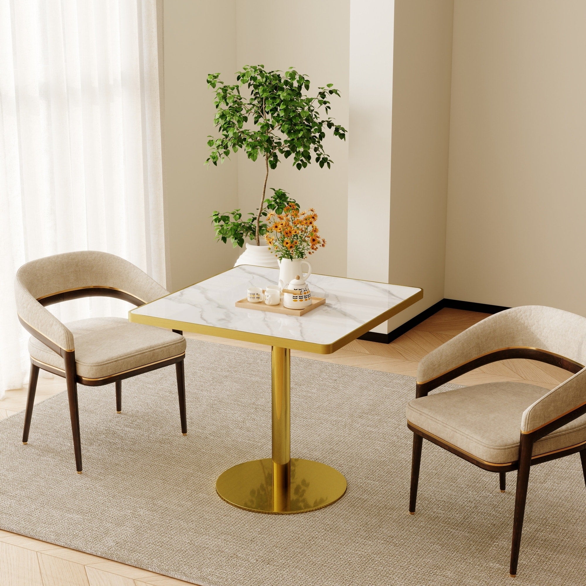 Roomfitters 31.5 Square Dining Table With Faux Marble Top And Metal Pedestal Base For Small Kitchen Spaces