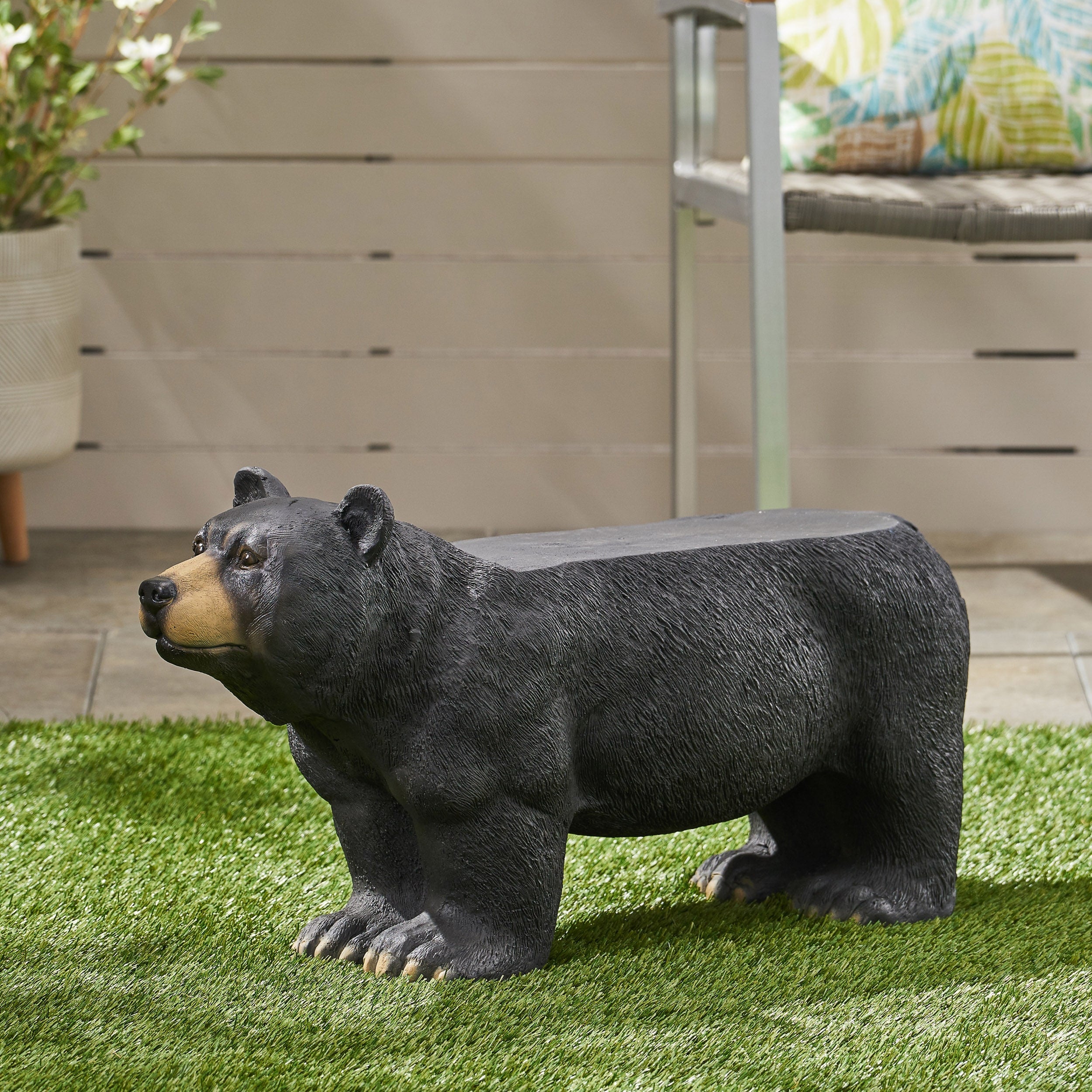 Roomfitters 31.75 Inch Black Bear Outdoor Bench Hand Crafted Lightweight Concrete Garden Seat Matte Black