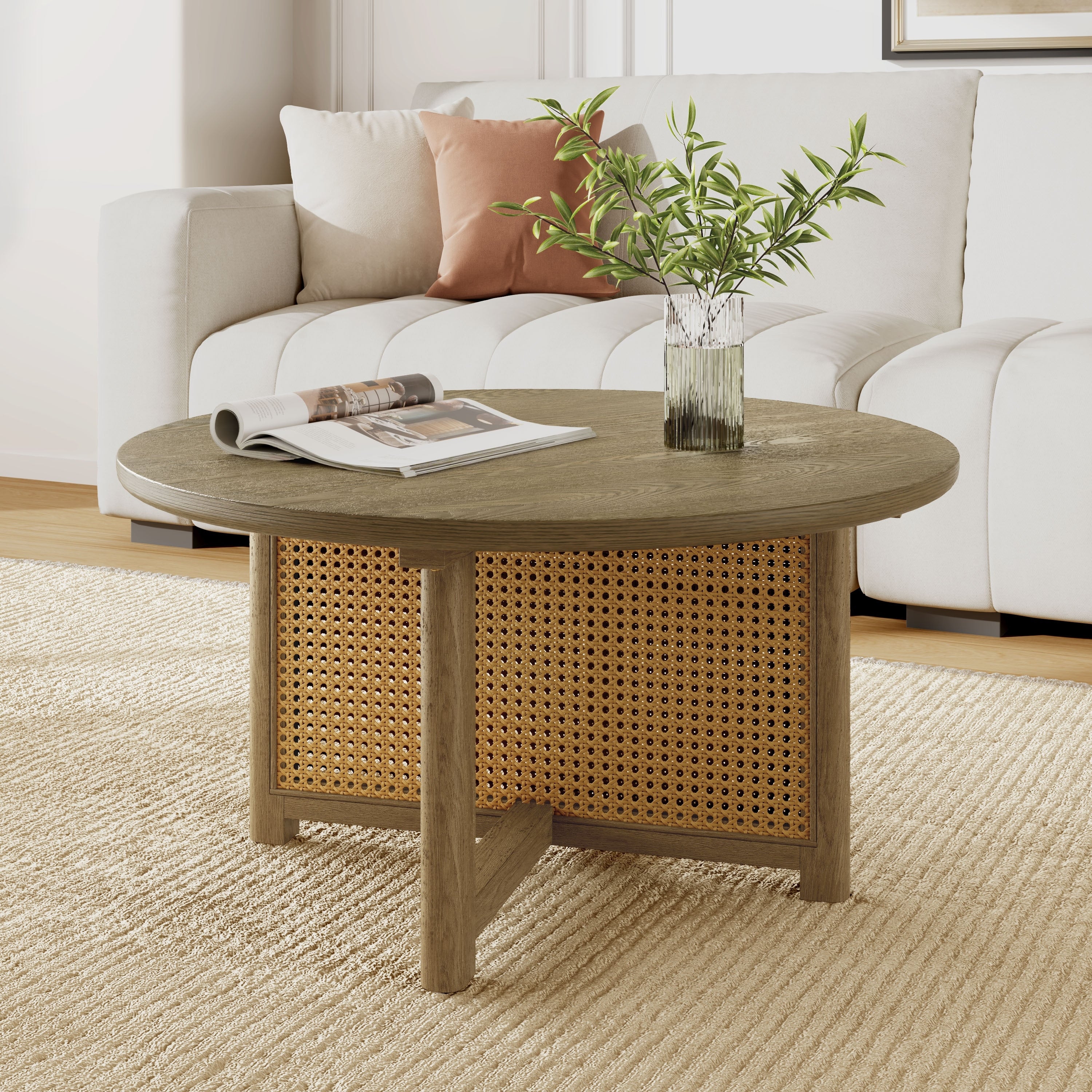 Roomfitters 32 Inch Round Rattan Coffee Table With Cane Base Mid Century Modern Boho Center Table For Living Room Wood