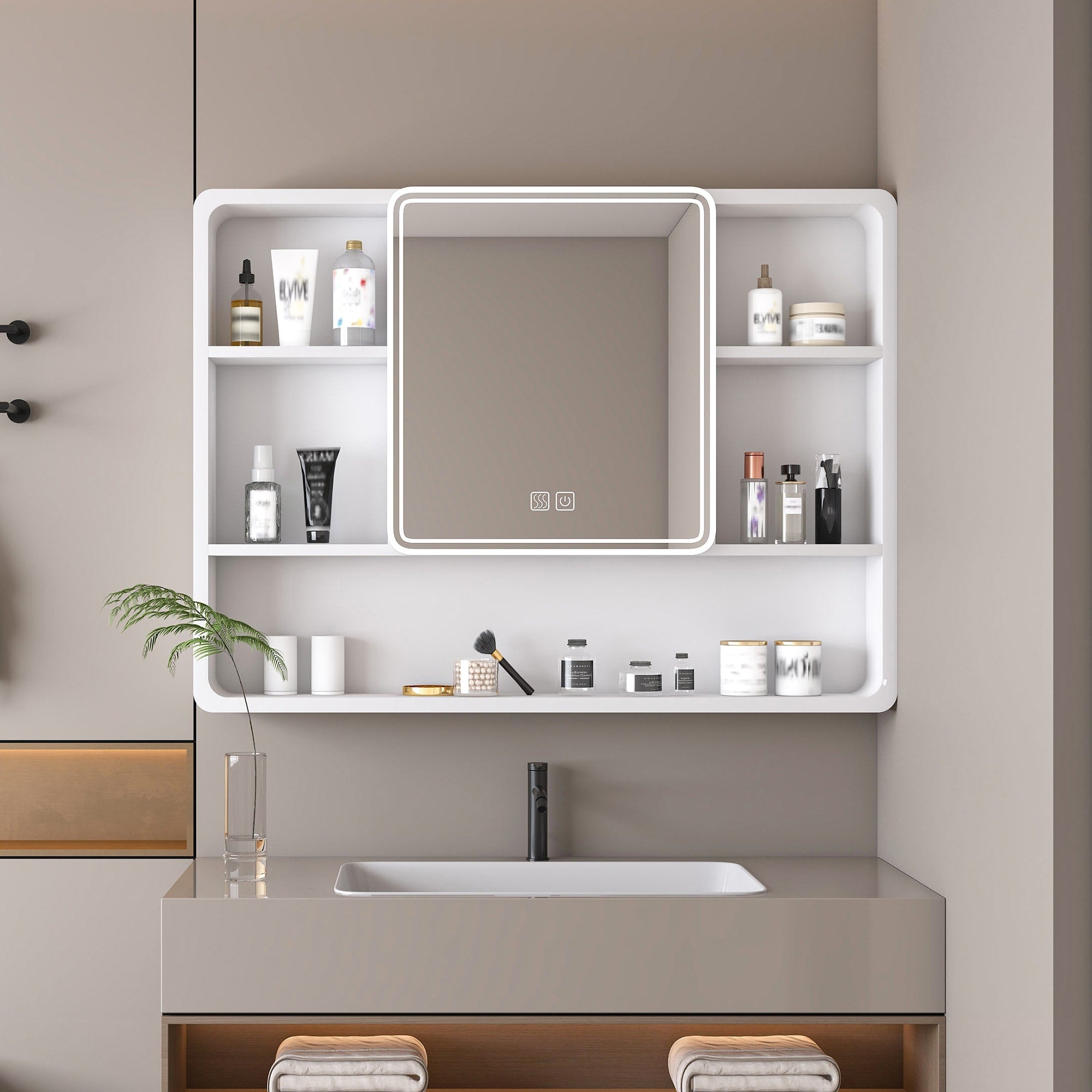 Roomfitters 35 Inch Illuminated Medicine Cabinet Aluminium Bathroom Mirror With Defogger And Cosmetic Storage