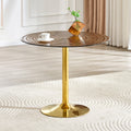 Roomfitters 35 Inch Round Brown Ring Glass Dining Table Golden Metal Pillar Circular Negotiation Table Coffee Table