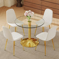 Roomfitters 35 Inch Round Tempered Glass Dining Table 4 White Linen Chairs Gold Metal Bracket And Base Kitchen Set