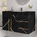Roomfitters 35.2 Floating Bathroom Vanity With Single Sink Black Gold Marble Pattern Top Wall Mount Cabinet Black And White