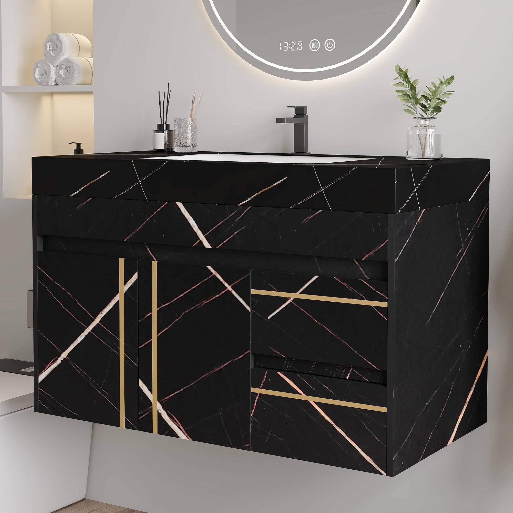 Roomfitters 35.2 Floating Bathroom Vanity With Single Sink Black Gold Marble Pattern Top Wall Mount Cabinet Black And White