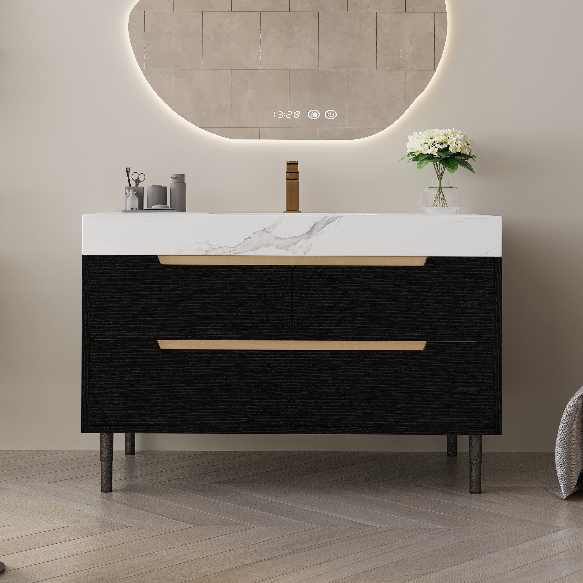 Roomfitters 35.4 Freestanding Bathroom Vanity With Single Sink White Marble Look Top And Gold Handles Black And White