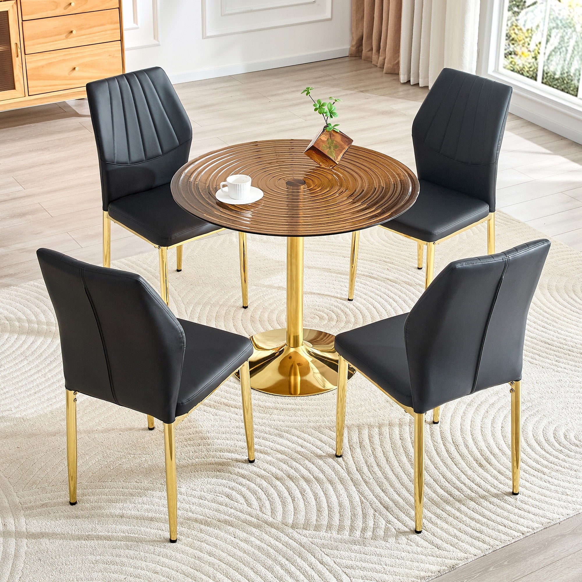 Roomfitters 35 Brown Ring Glass Dining Table Set 4 Pu Chairs Gold Pedestal Kitchen Seating For 4