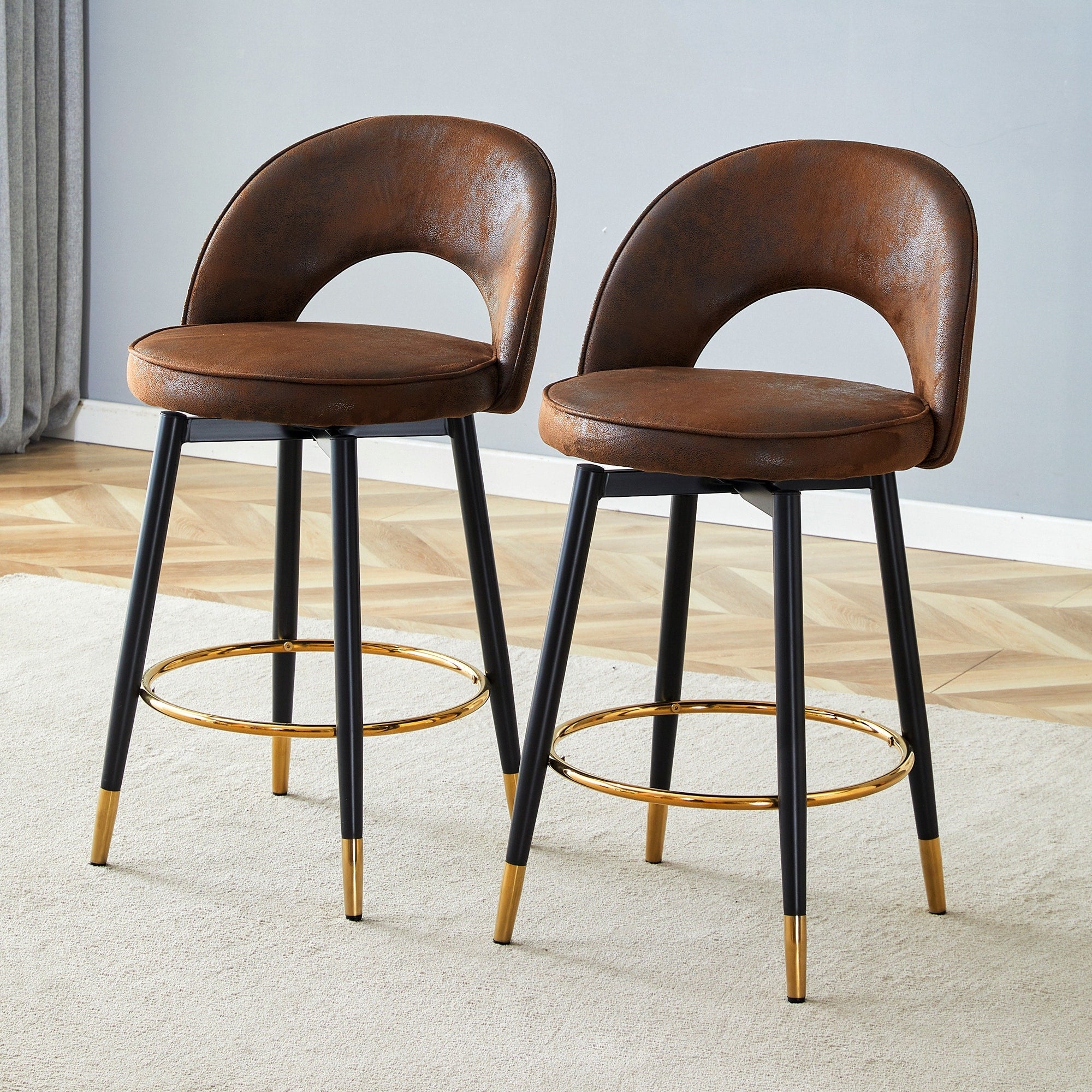 Roomfitters 360 Degree Swivel Brown Tech Fabric Bar Chairs Upholstered Counter Stools Black Metal Leg Set Of 2 Bar Seating