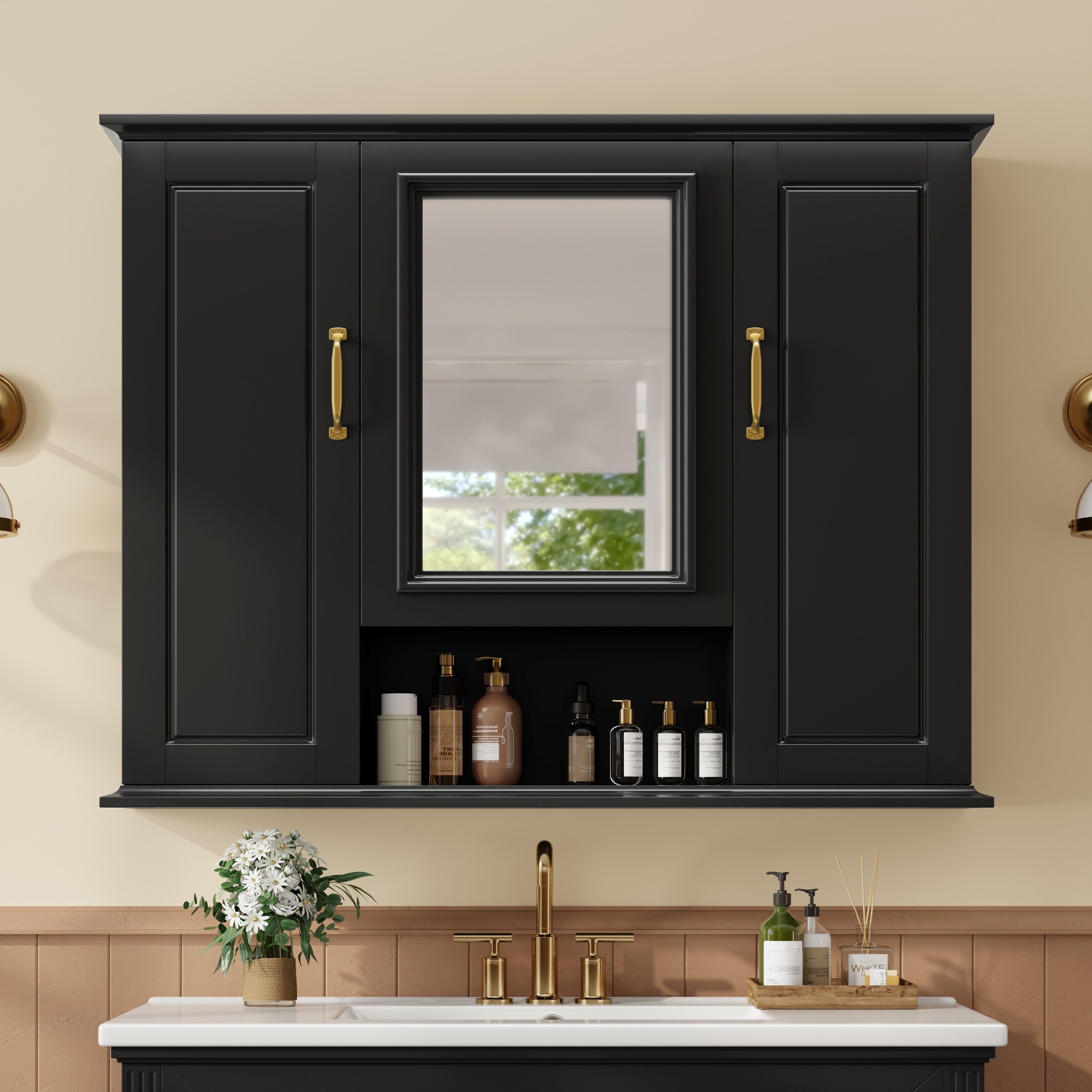 Roomfitters 36 Bathroom Medicine Cabinet Textured Wall Mounted Mirror Cabinet With 3 Doors Open Shelf