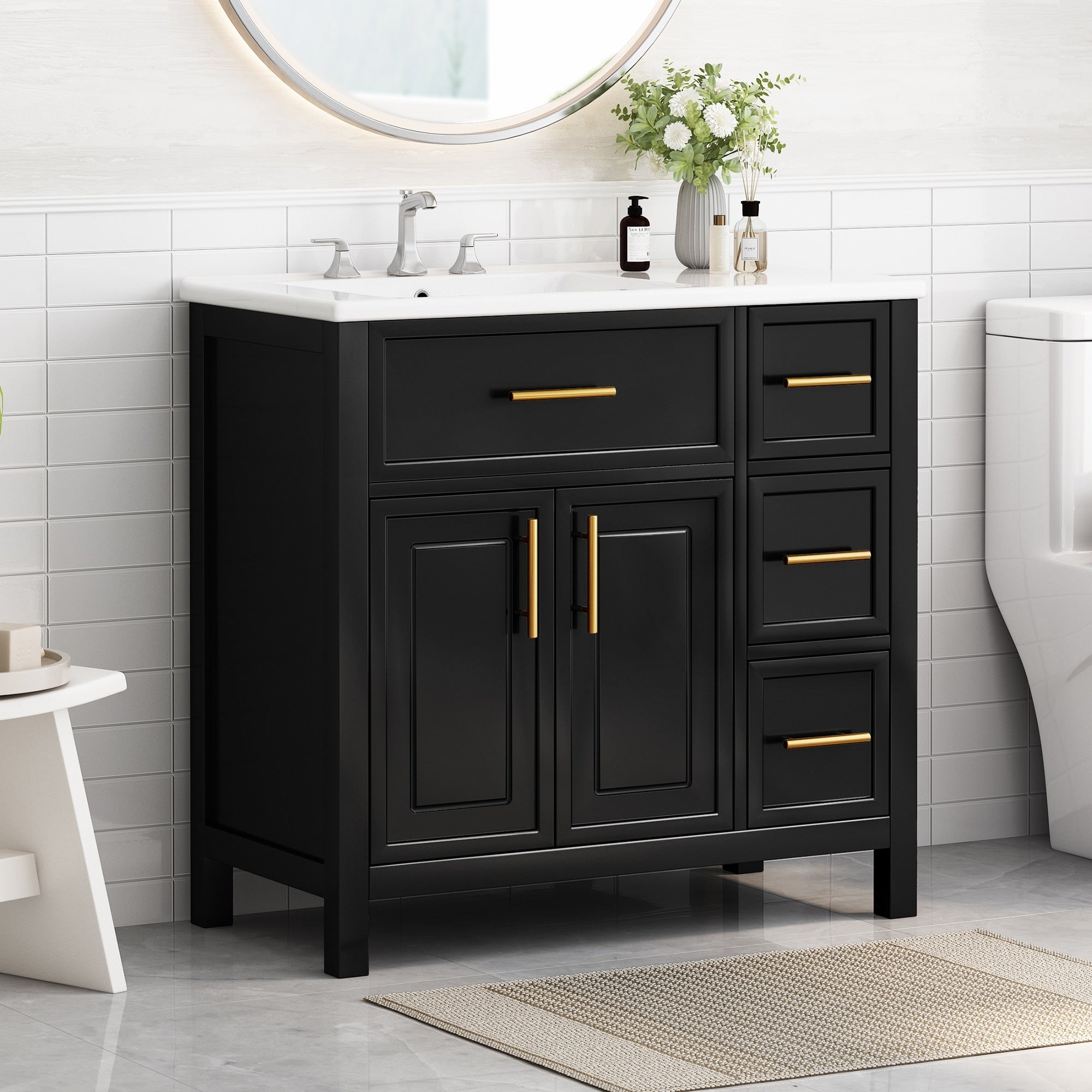 Roomfitters 36 Bathroom Vanity With Sink Left Side Basin Solid Wood Frame 2 Doors 3 Drawers