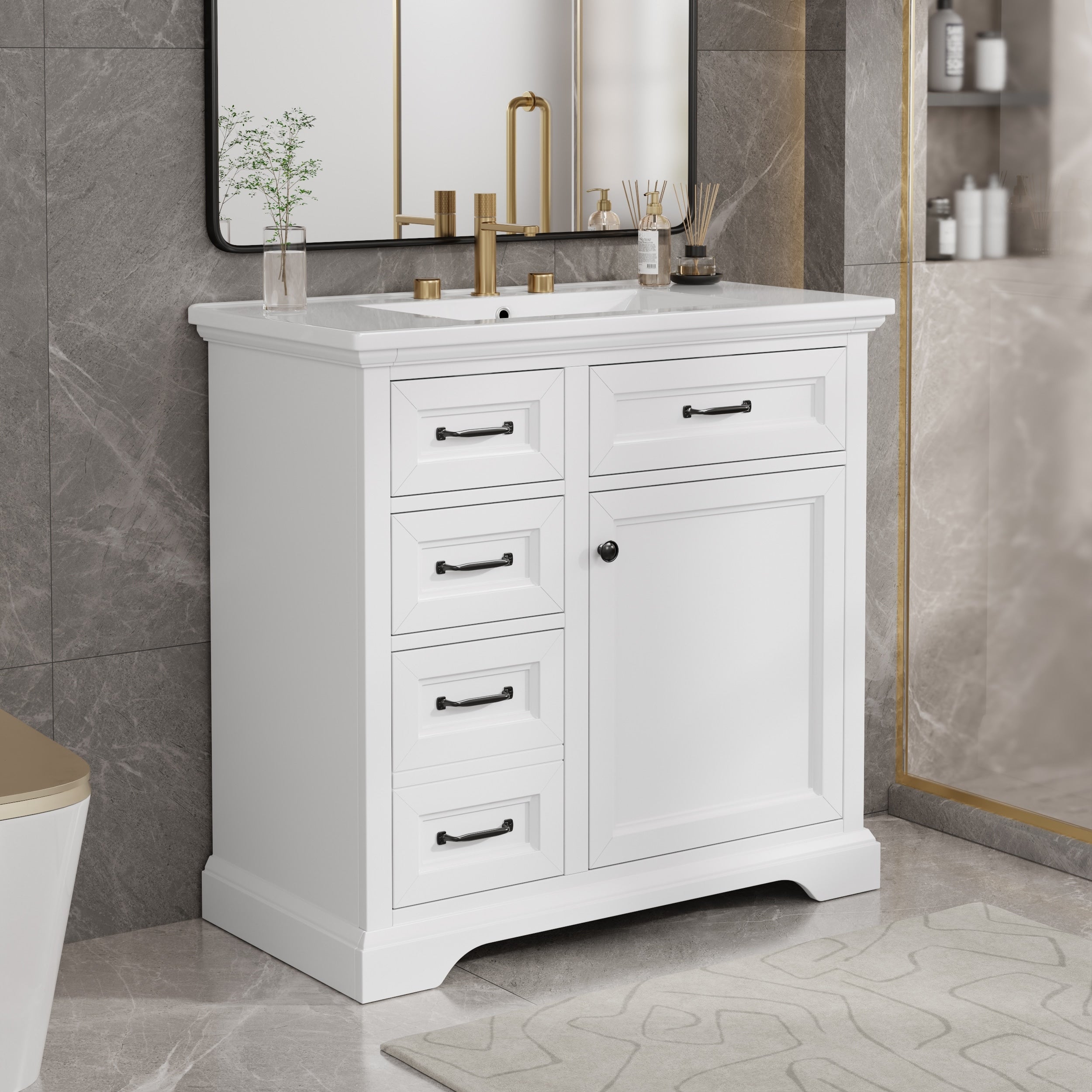 Roomfitters 36 Bathroom Vanity With Sink Single Sink Cabinet With 2 Drawers 2 Tilt Out Trays And Door Shelf White