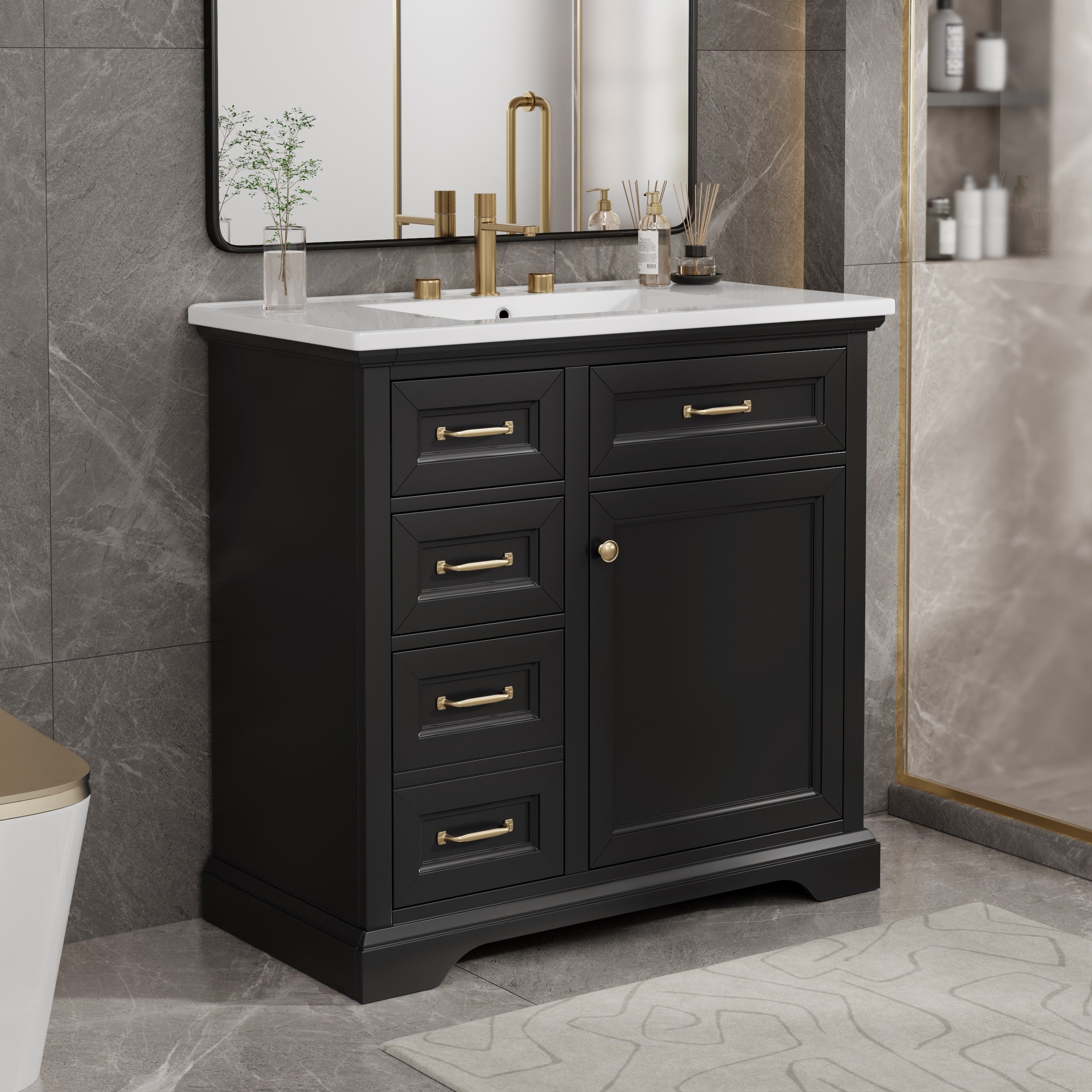 Roomfitters 36 Bathroom Vanity With Sink Solid Wood Frame 4 Drawers Soft Close Door With Built In Racks Black