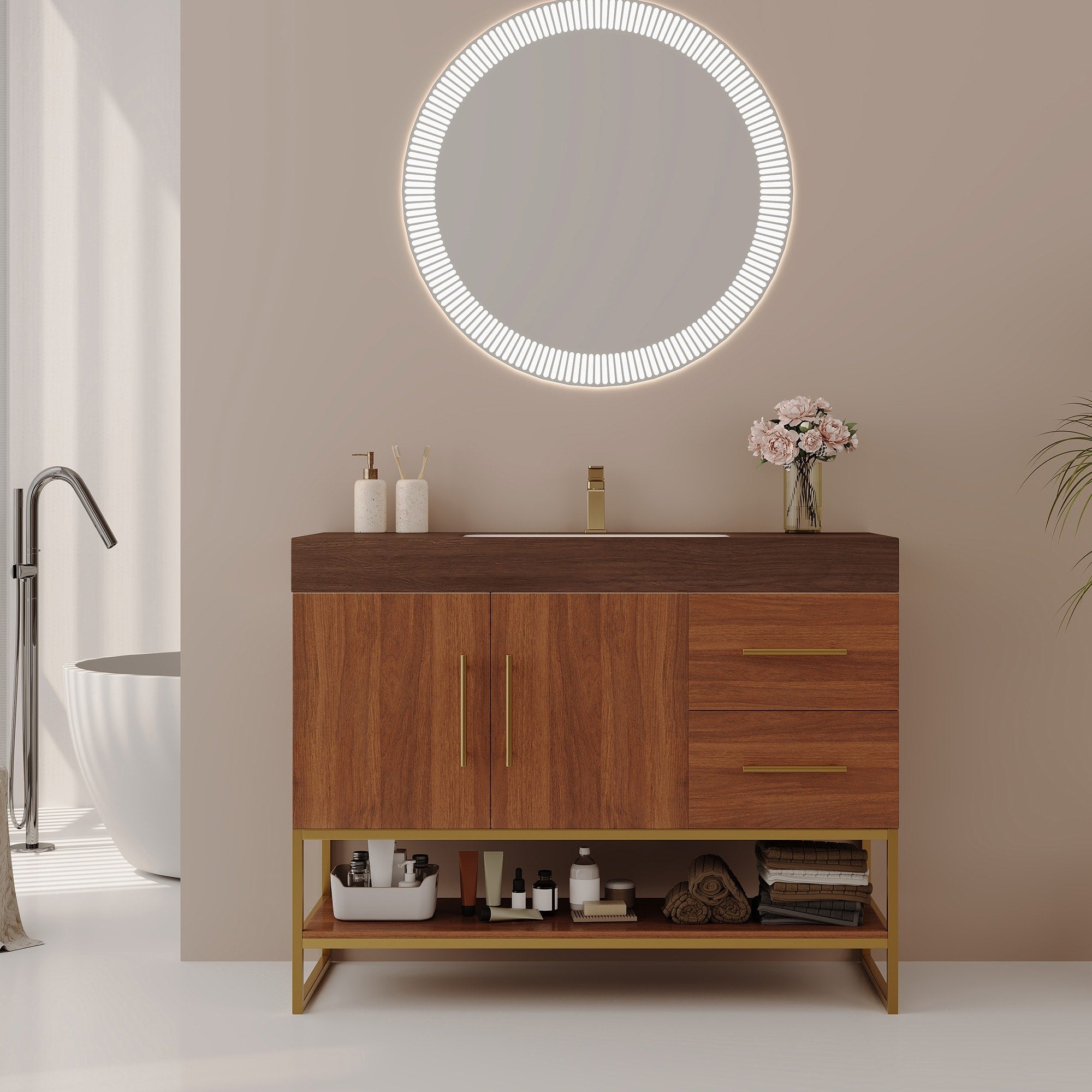 Roomfitters 36 Freestanding Bathroom Vanity With Single Sink Mid Century Storage Cabinet Gold Metal Frame Gold Walnut