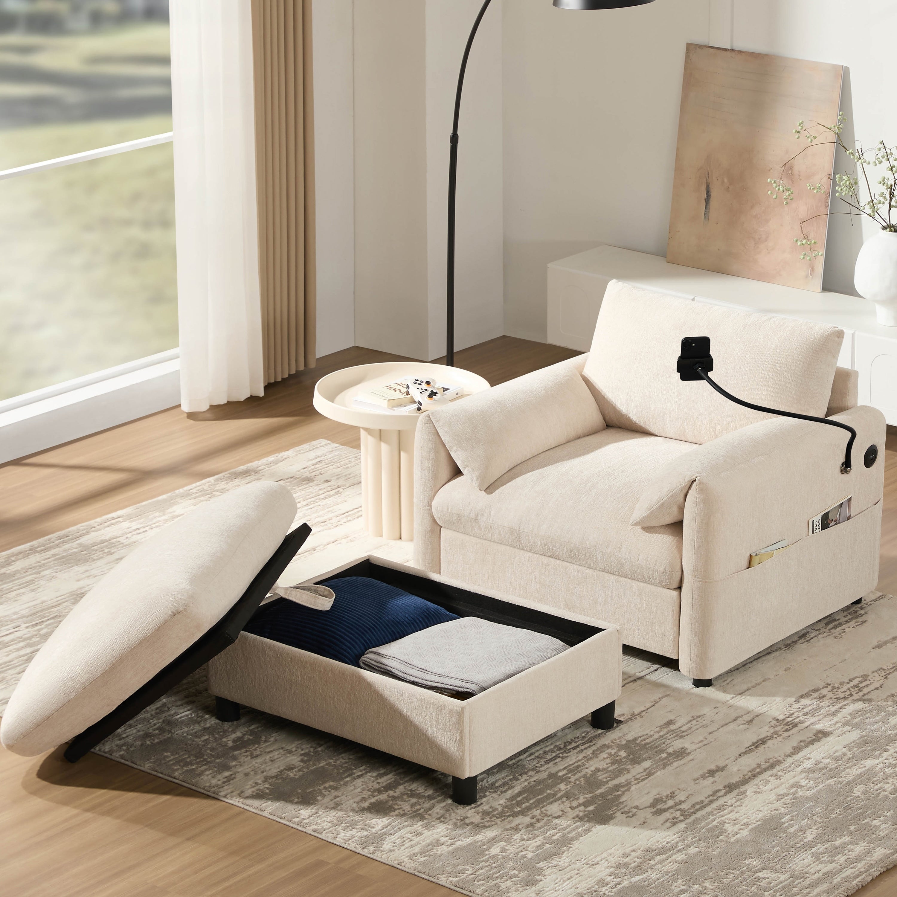 Roomfitters 37 Single Sofa With Storage Ottoman Chenille Armchair With Phone Holder And Charging Ports Lounge Chair