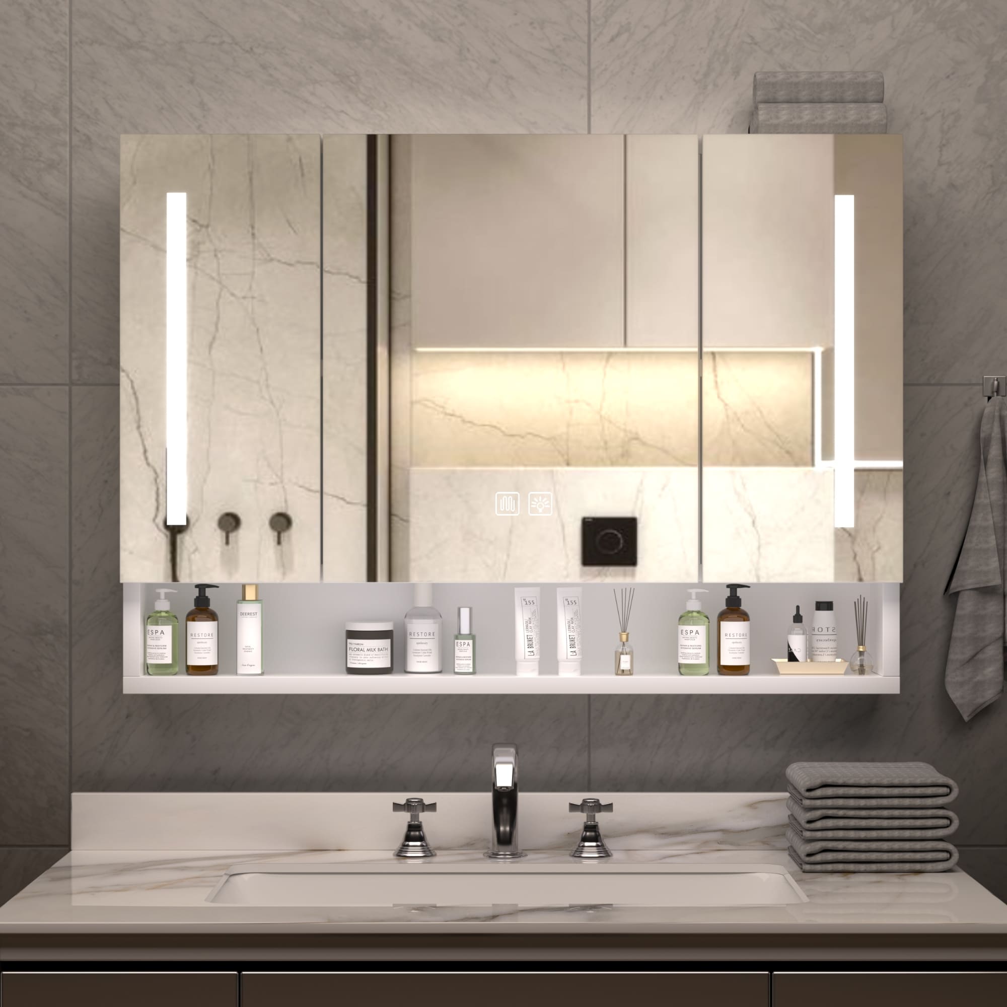 Roomfitters 39 Inch Illuminated Medicine Cabinet Aluminum Bathroom Storage Mirror Wall Mounted Vanity Organizer White