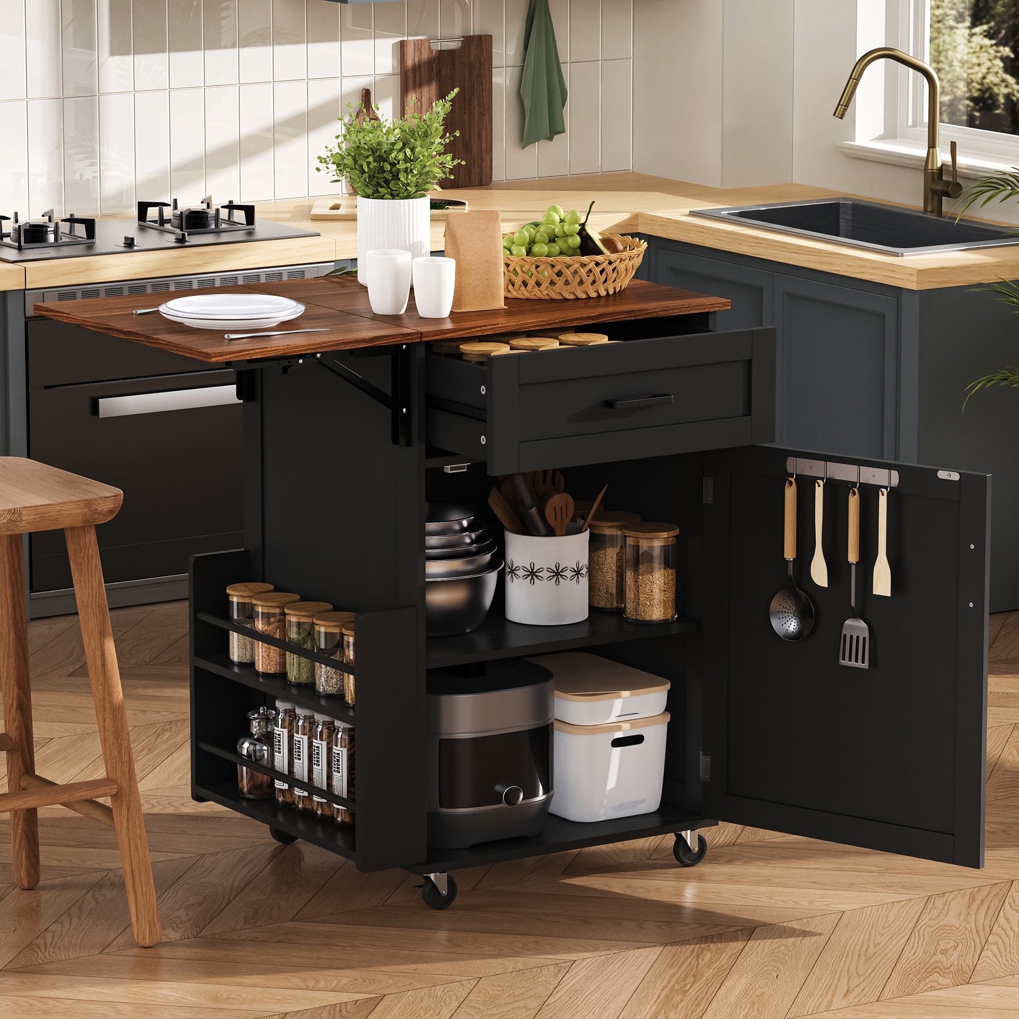 Roomfitters 39.3 Kitchen Island With Drop Leaf Rolling Kitchen Cart With Storage Drawer And Spice Rack Modern Style