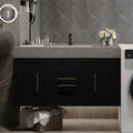 Roomfitters 39.4 Floating Bathroom Vanity With Single Sink Wall Mount Cabinet Gray Marble Look Top Gold Handles Black Gray
